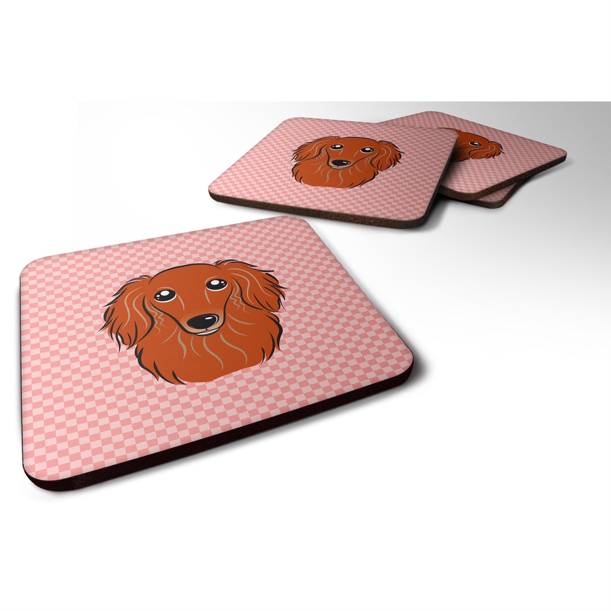 'Caroline'S Treasures Bb1214Fc Checkerboard Pink Longhair Red Dachshund Foam Coaster (Set Of 4), 3.5'''' H X 3.5'''' W, Multico