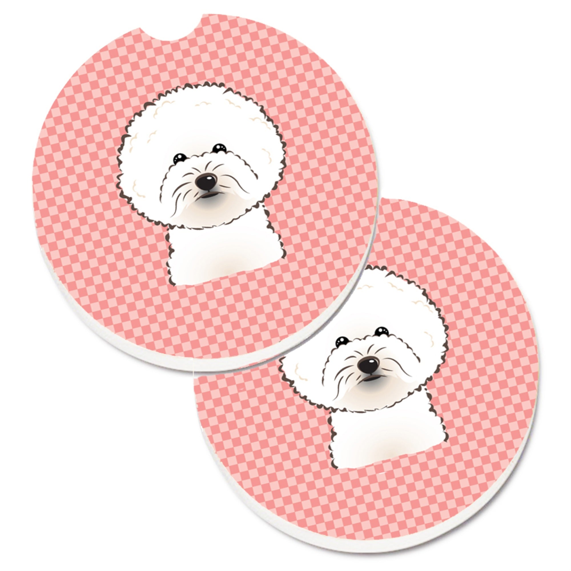 'Caroline'S Treasures Checkerboard Pink Bichon Frise Set Of 2 Cup Holder Car Coasters Bb1217Carc, 2.56, Multicolor''