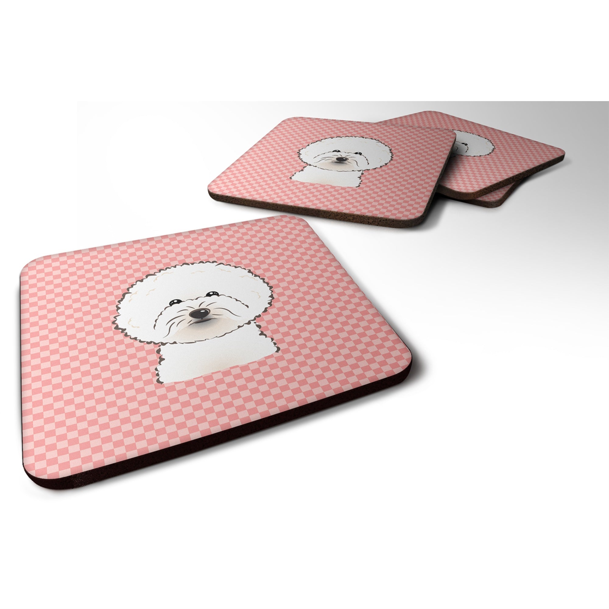 'Caroline'S Treasures Bb1217Fc Checkerboard Pink Bichon Frise Foam Coaster (Set Of 4), 3.5'''' H X 3.5'''' W, Multicolor''