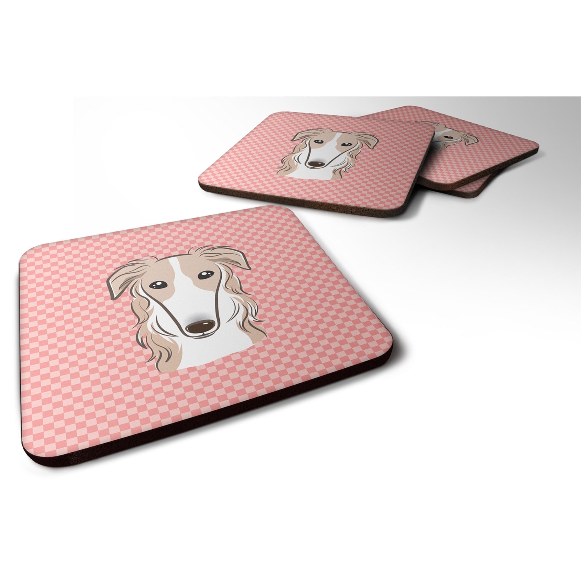 'Caroline'S Treasures Bb1228Fc Checkerboard Pink Borzoi Foam Coaster (Set Of 4), 3.5'''' H X 3.5'''' W, Multicolor''