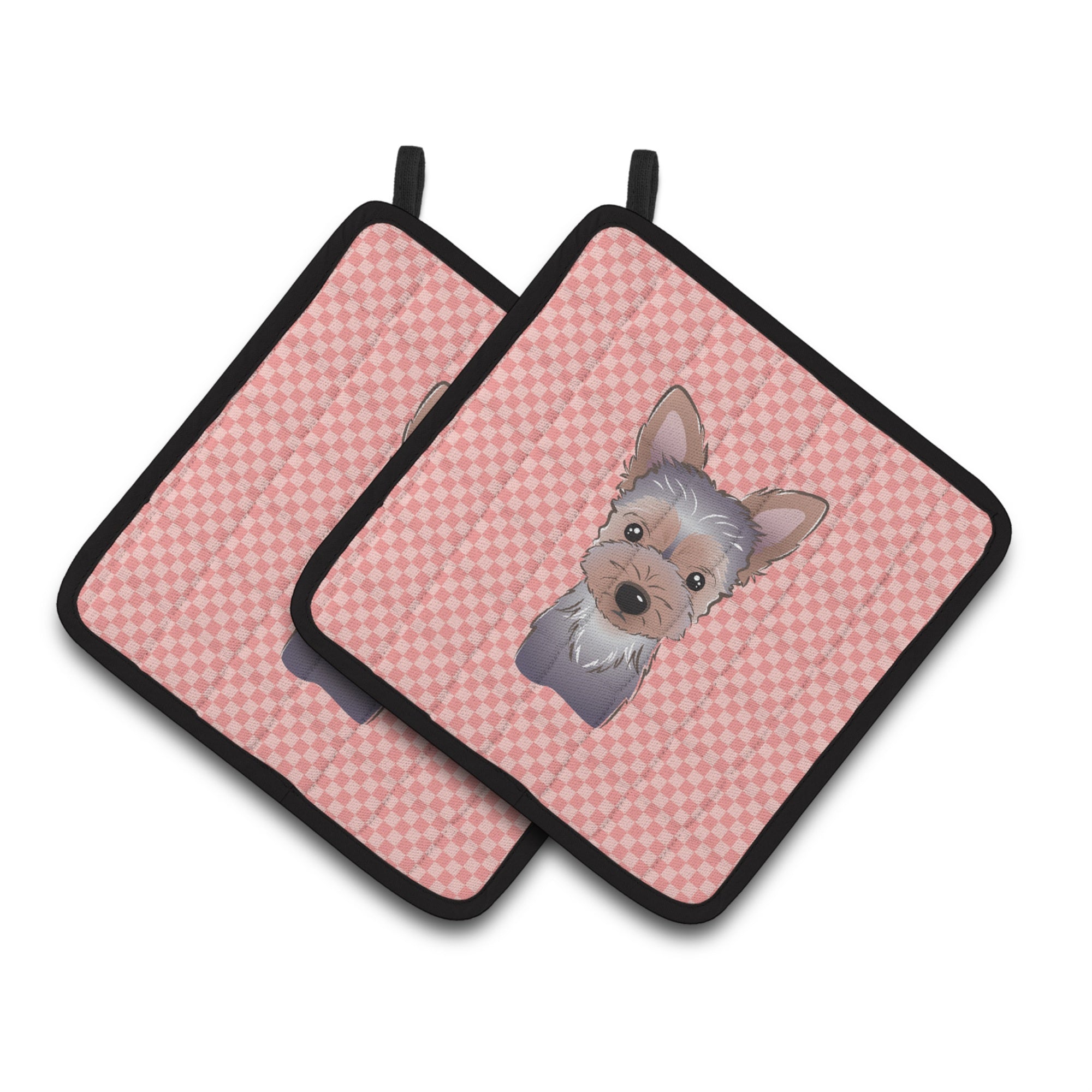 'Caroline'S Treasures Checkerboard Pink Yorkie Puppy Pair Of Pot Holders Bb1232Pthd, 7.5Hx7.5W, Multicolor''