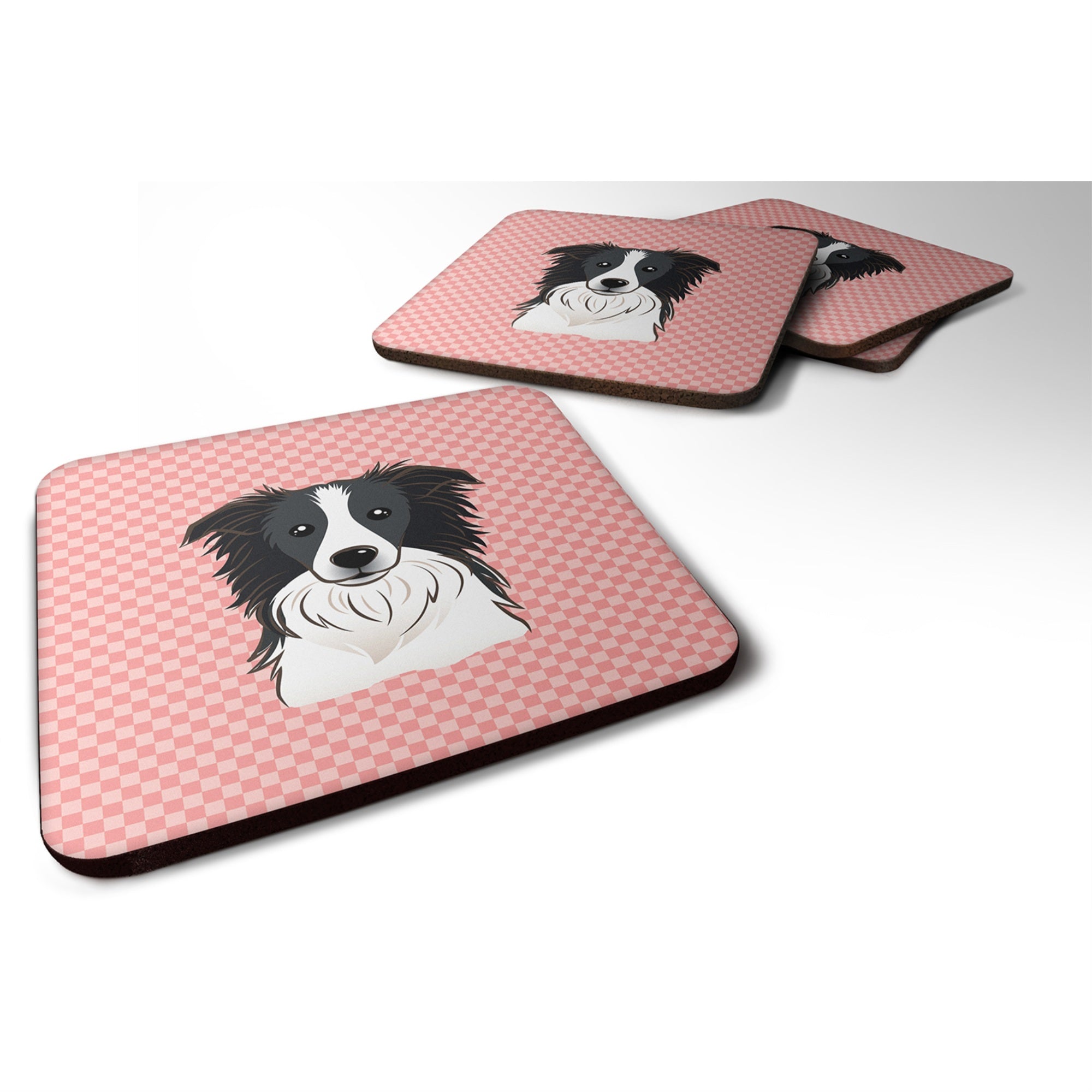 'Caroline'S Treasures Bb1241Fc Checkerboard Pink Border Collie Foam Coaster (Set Of 4), 3.5'''' H X 3.5'''' W, Multicolor''