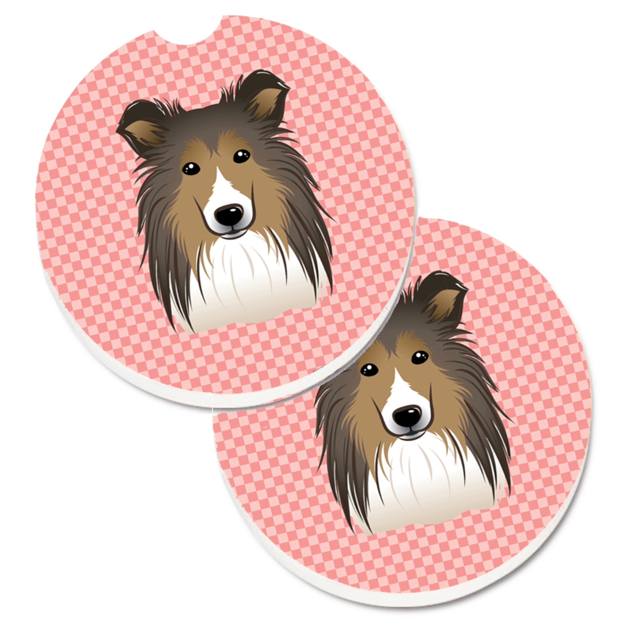 'Caroline'S Treasures Checkerboard Pink Sheltie Set Of 2 Cup Holder Car Coasters Bb1242Carc, 2.56, Multicolor''
