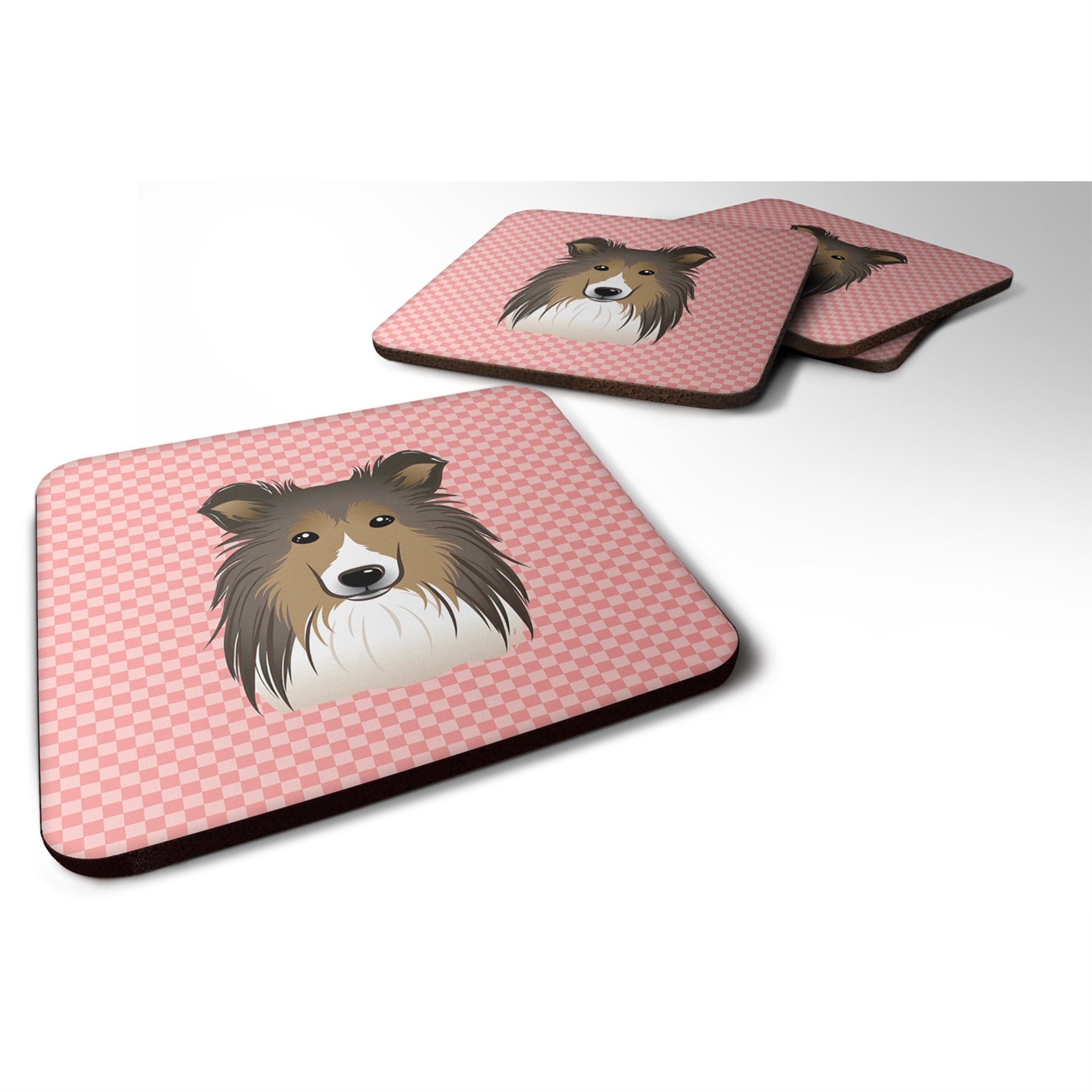'Caroline'S Treasures Bb1242Fc Checkerboard Pink Sheltie Foam Coaster (Set Of 4), 3.5'''' H X 3.5'''' W, Multicolor''