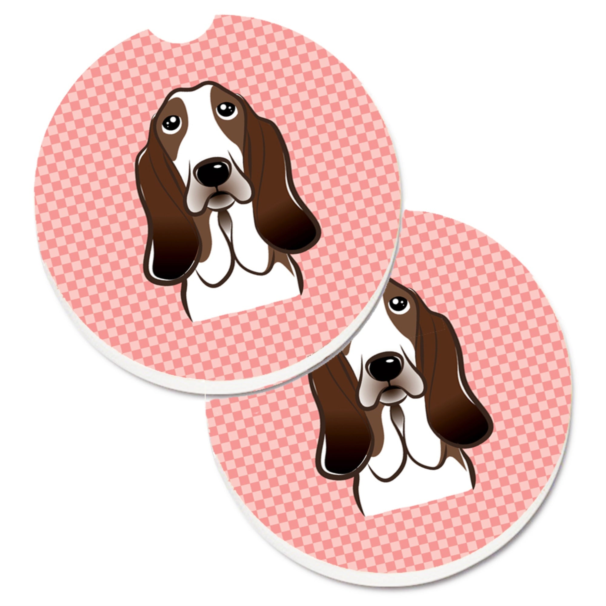 'Caroline'S Treasures Checkerboard Pink Basset Hound Set Of 2 Cup Holder Car Coasters Bb1243Carc, 2.56, Multicolor''