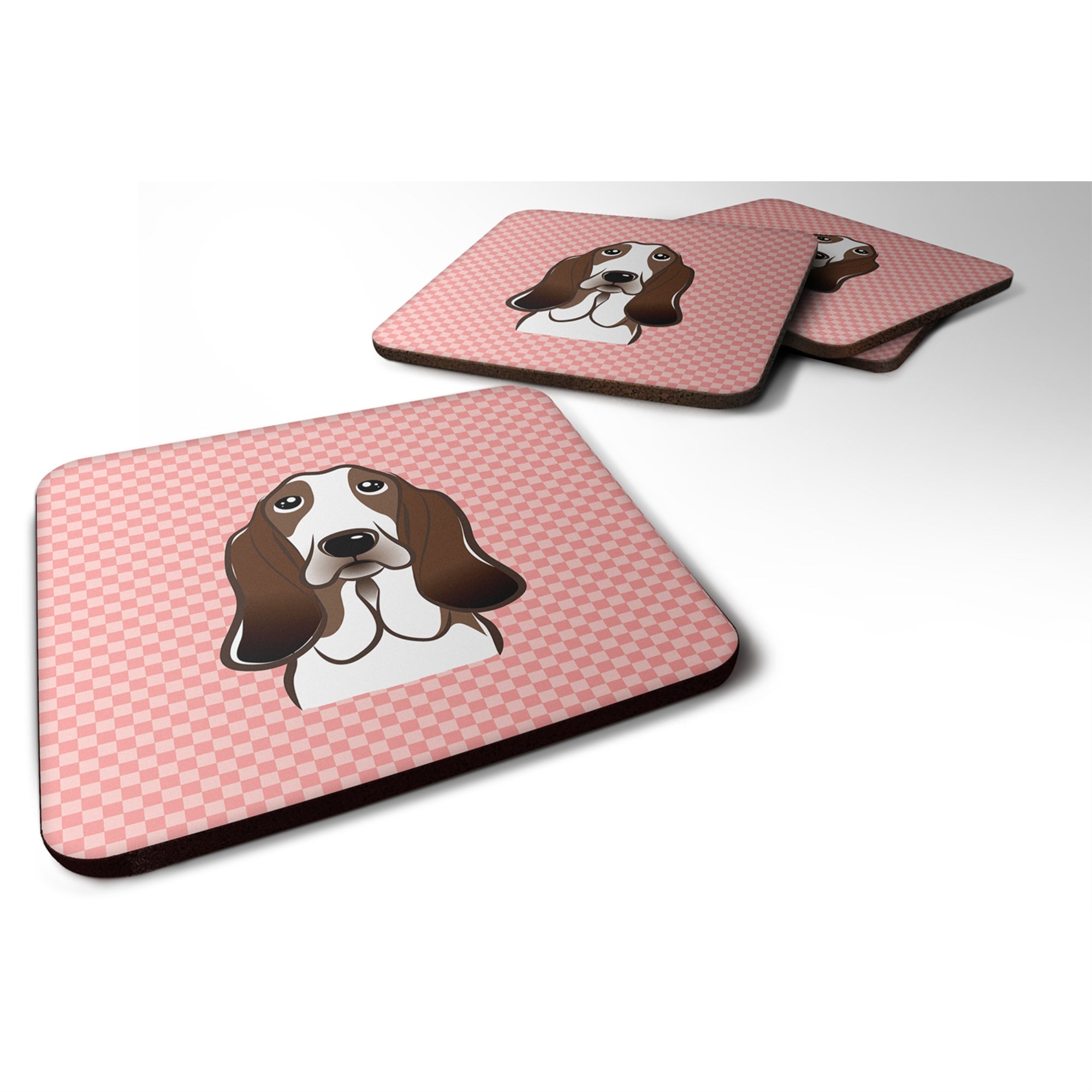 'Caroline'S Treasures Bb1243Fc Checkerboard Pink Basset Hound Foam Coaster (Set Of 4), 3.5'''' H X 3.5'''' W, Multicolor''