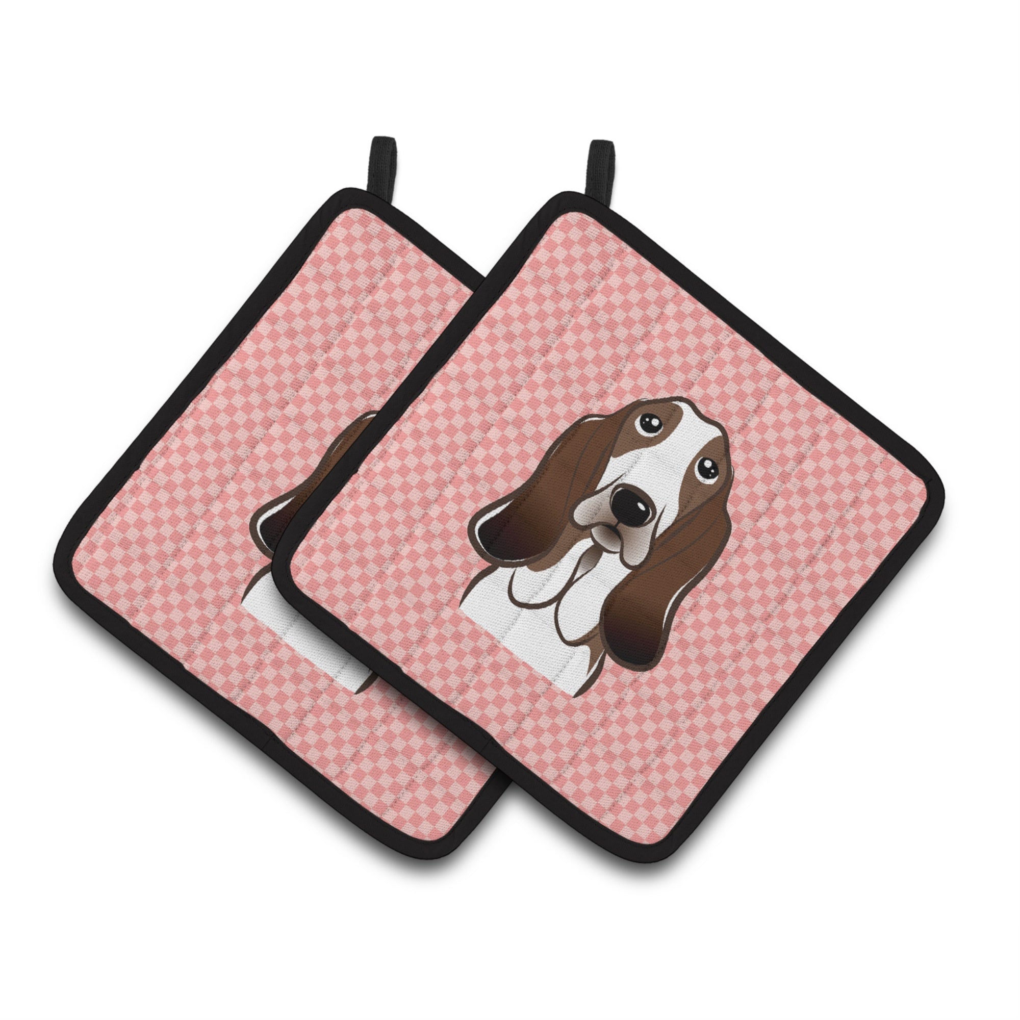 'Caroline'S Treasures Checkerboard Pink Basset Hound Pair Of Pot Holders Bb1243Pthd, 7.5Hx7.5W, Multicolor''