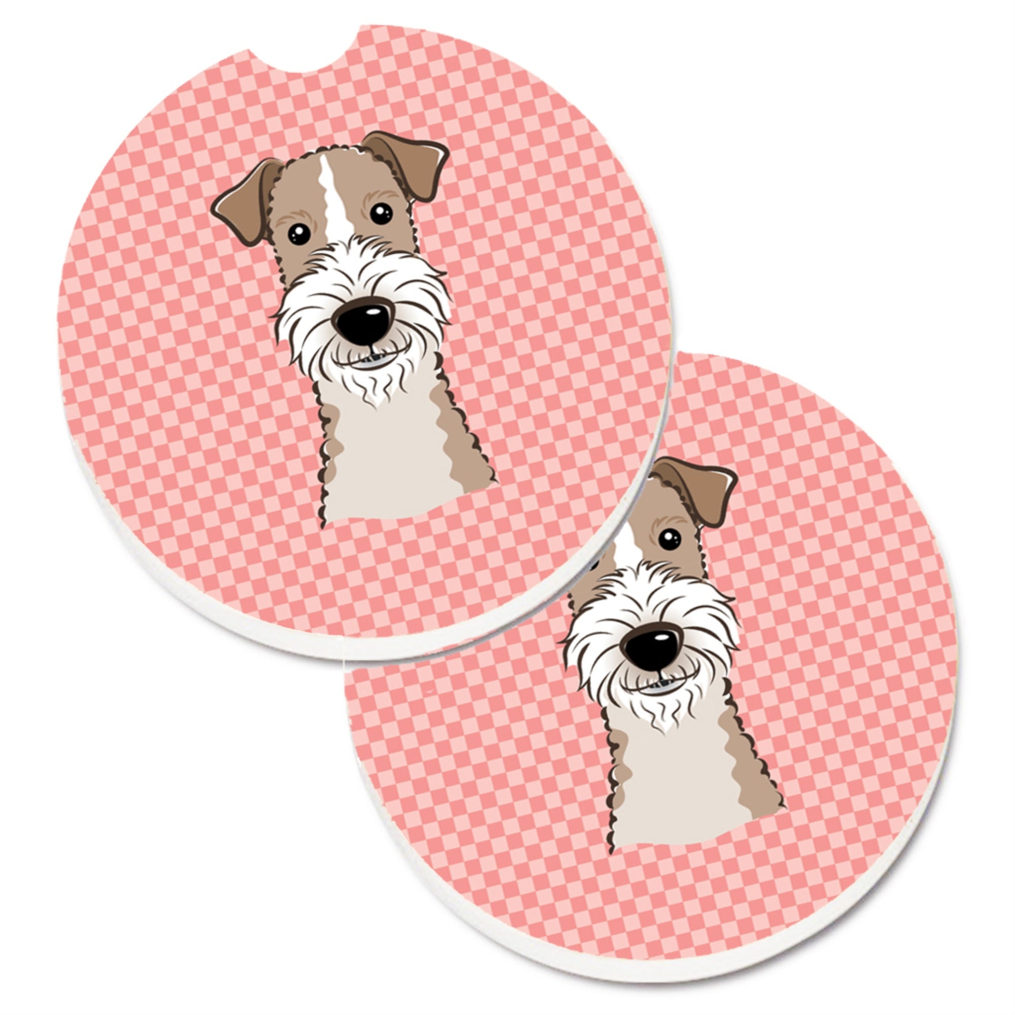 'Caroline'S Treasures Checkerboard Pink Wire Haired Fox Terrier Set Of 2 Cup Holder Car Coasters Bb1247Carc, 2.56, Multicolor''