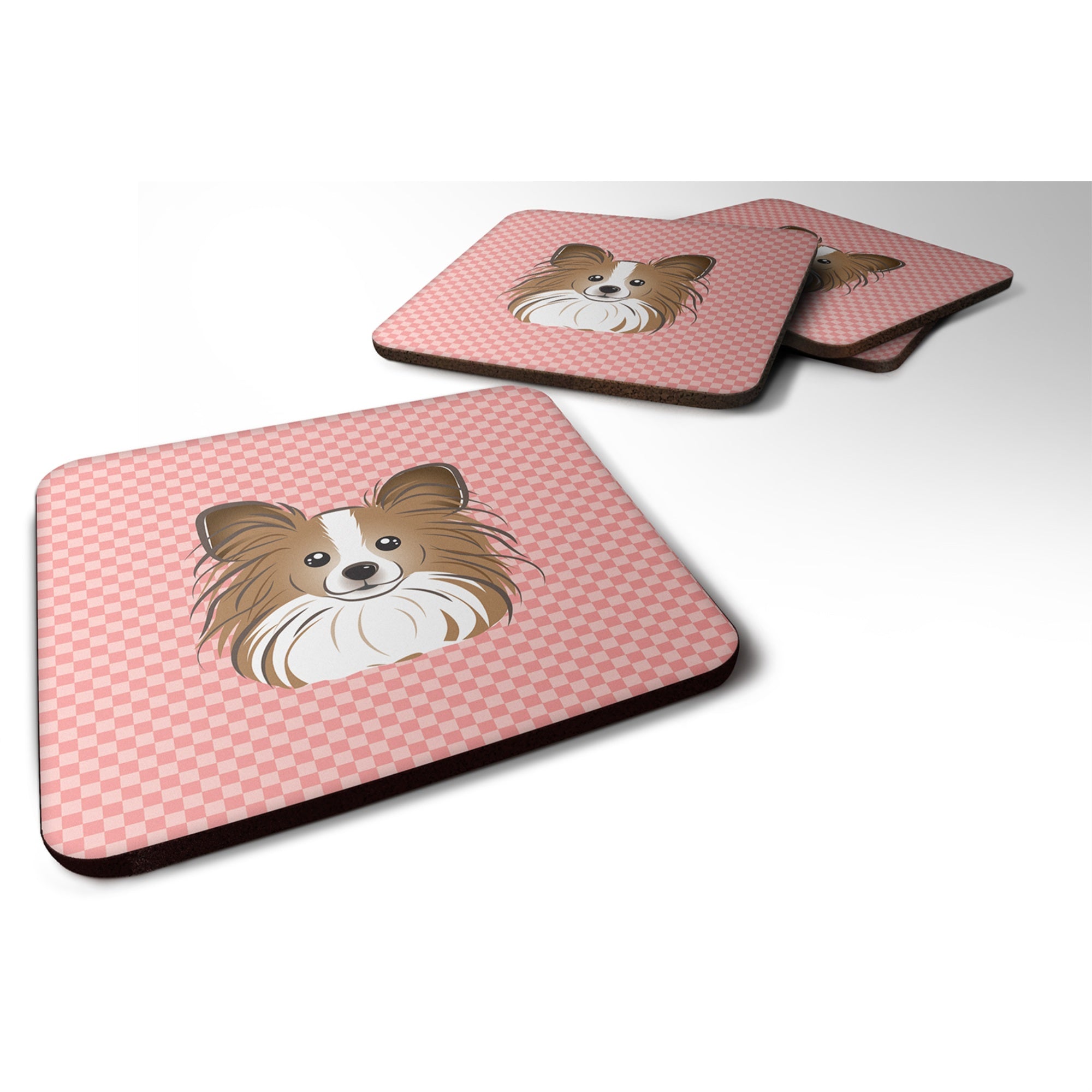 'Caroline'S Treasures Bb1248Fc Checkerboard Pink Papillon Foam Coaster (Set Of 4), 3.5'''' H X 3.5'''' W, Multicolor''
