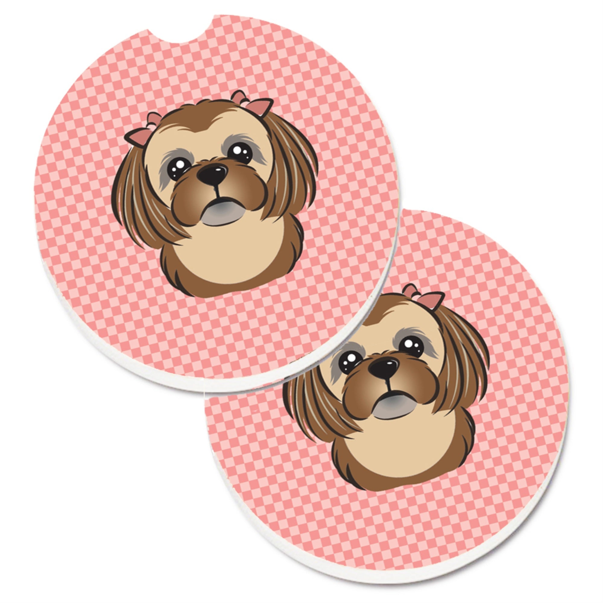 'Caroline'S Treasures Checkerboard Pink Chocolate Brown Shih Tzu Set Of 2 Cup Holder Car Coasters Bb1249Carc, 2.56, Multicolor'