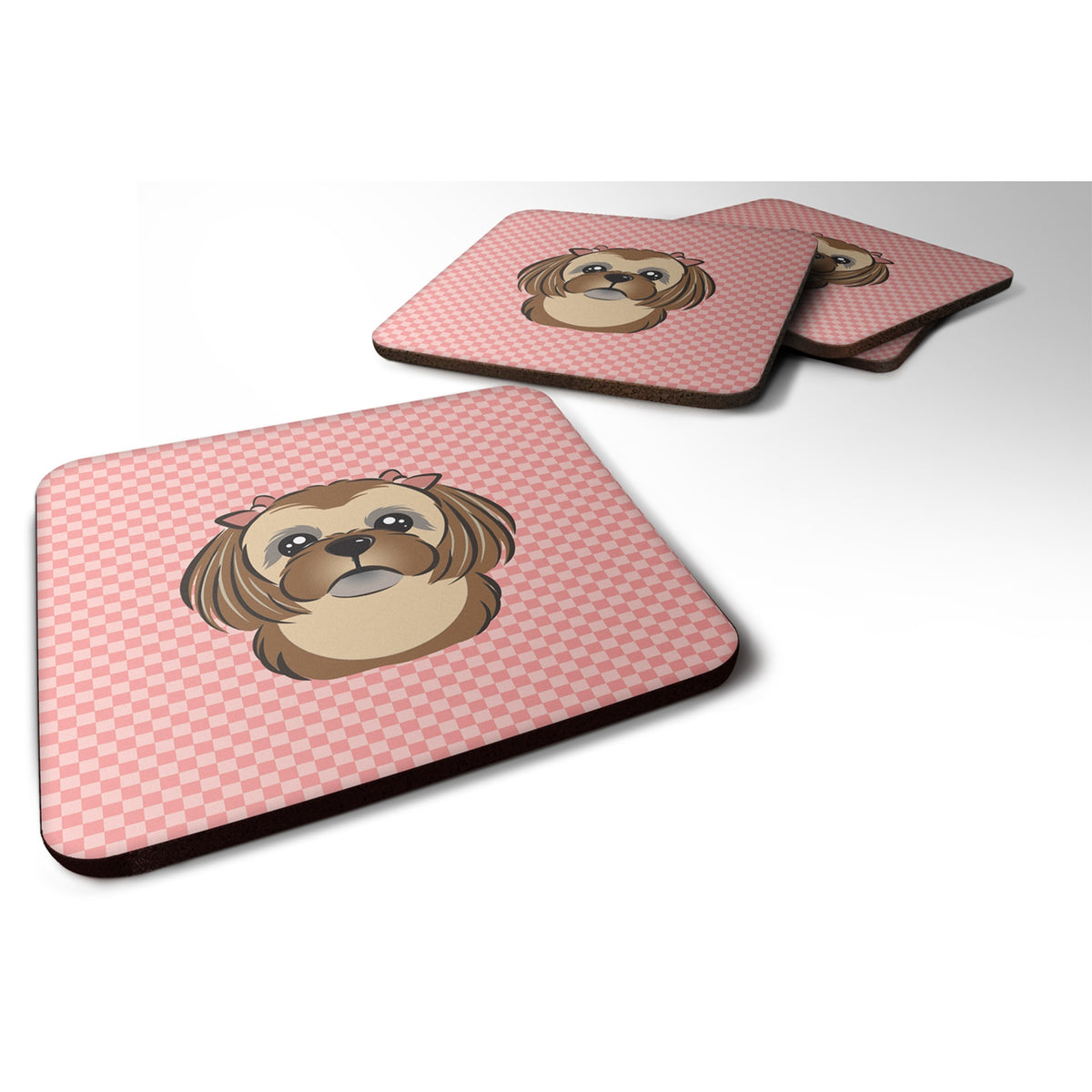 'Caroline'S Treasures Bb1249Fc Checkerboard Pink Chocolate Brown Shih Tzu Foam Coaster (Set Of 4), 3.5'''' H X 3.5'''' W, Multi