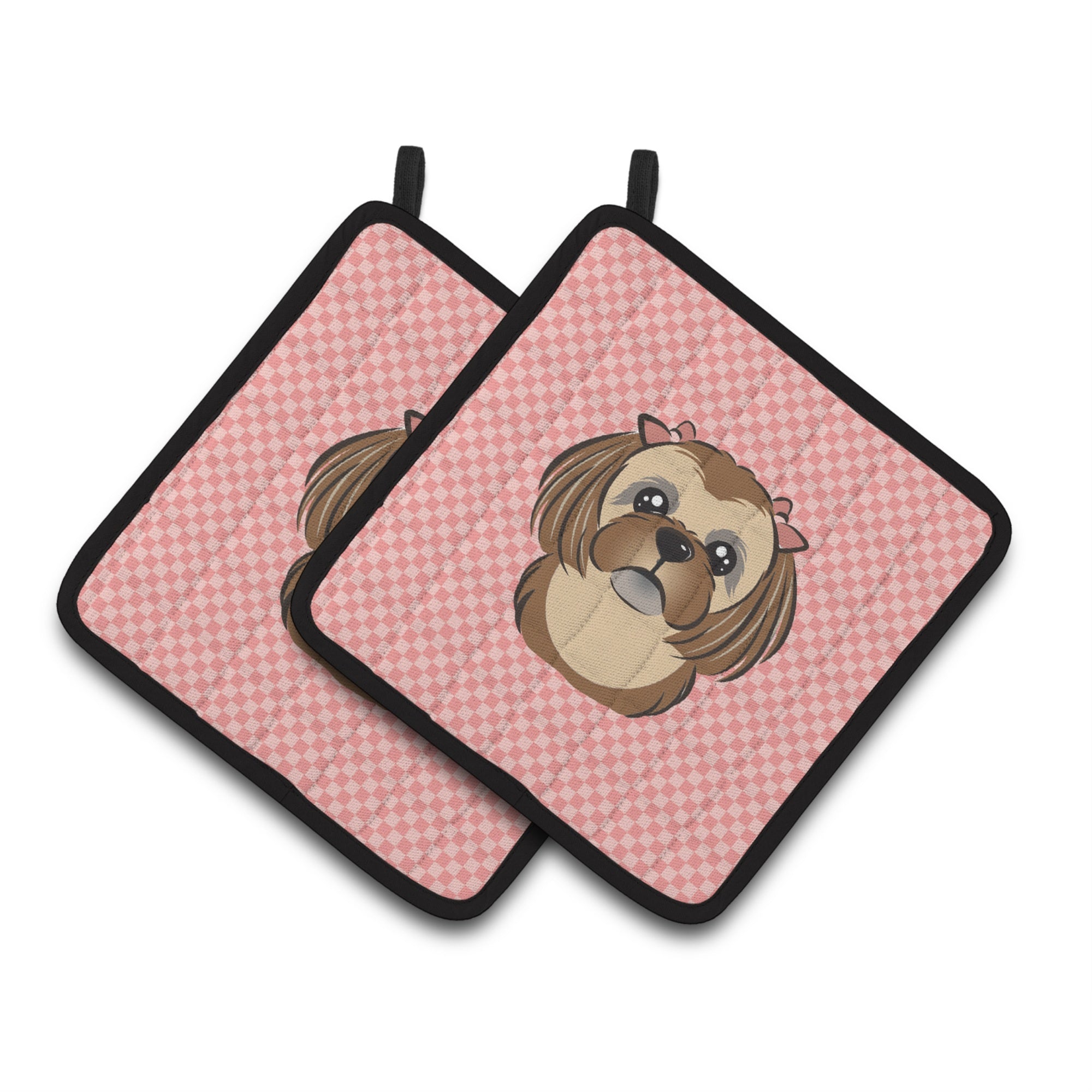 'Caroline'S Treasures Checkerboard Pink Chocolate Brown Shih Tzu Pair Of Pot Holders Bb1249Pthd, 7.5Hx7.5W, Multicolor''