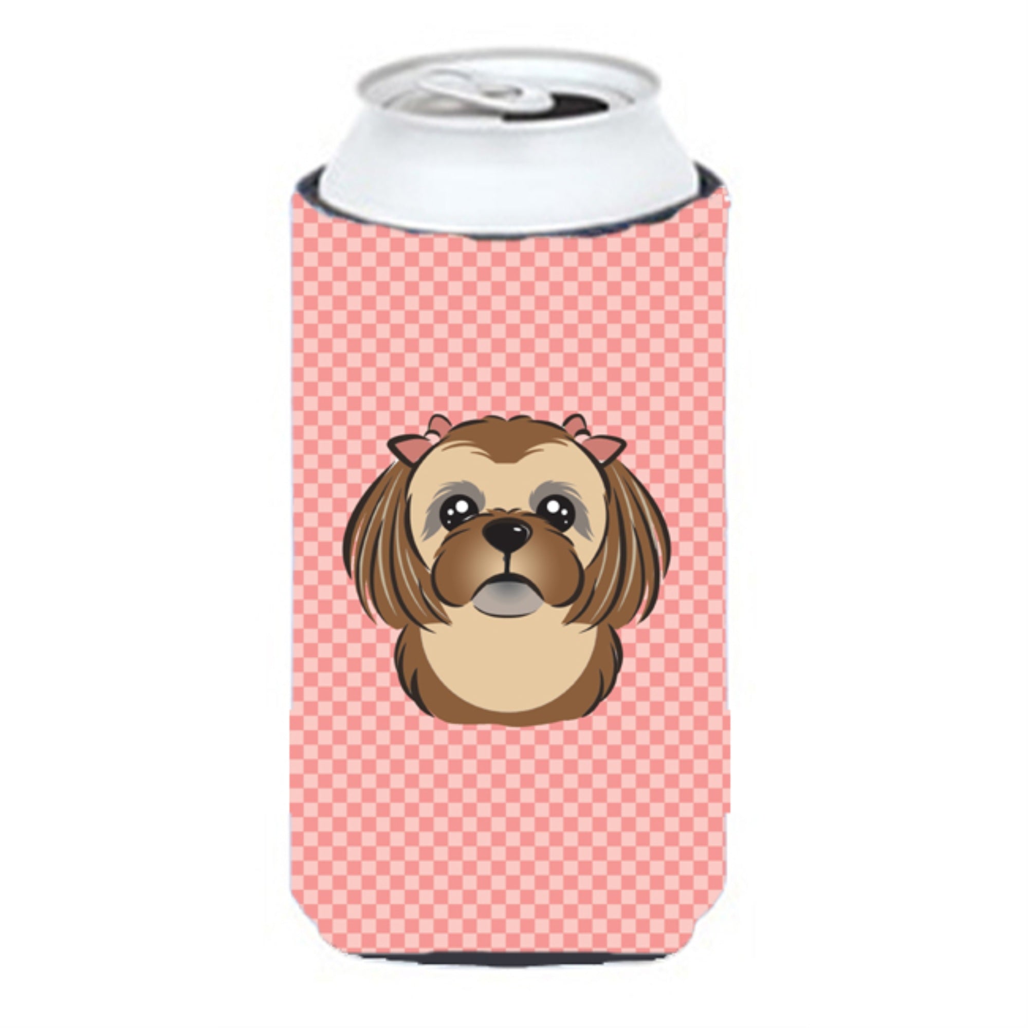 Checkerboard Pink Chocolate Brown Shih Tzu Tall Boy Beverage Insulator Hugger Bb1249Tbc
