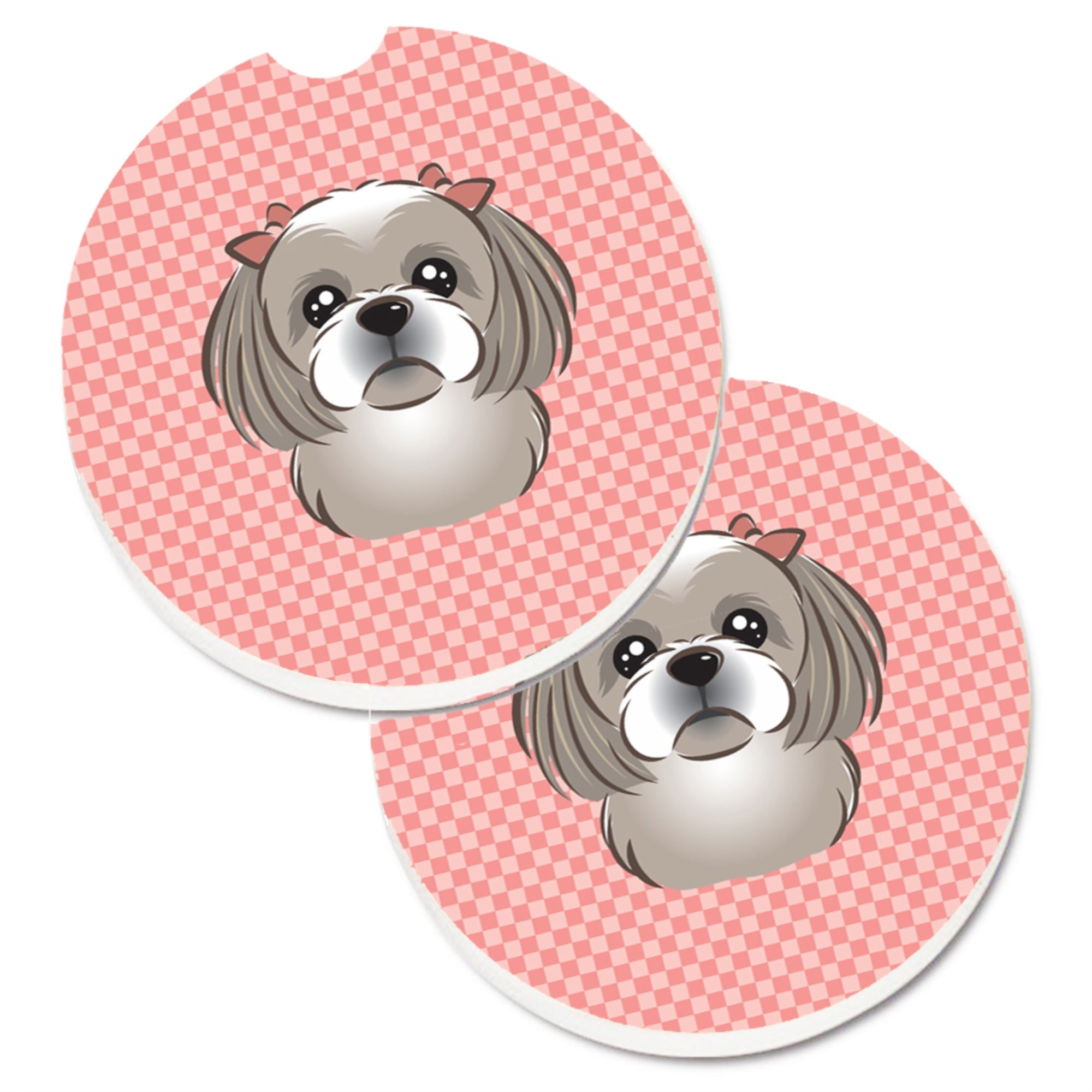 'Caroline'S Treasures Checkerboard Pink Gray Silver Shih Tzu Set Of 2 Cup Holder Car Coasters Bb1250Carc, 2.56, Multicolor''