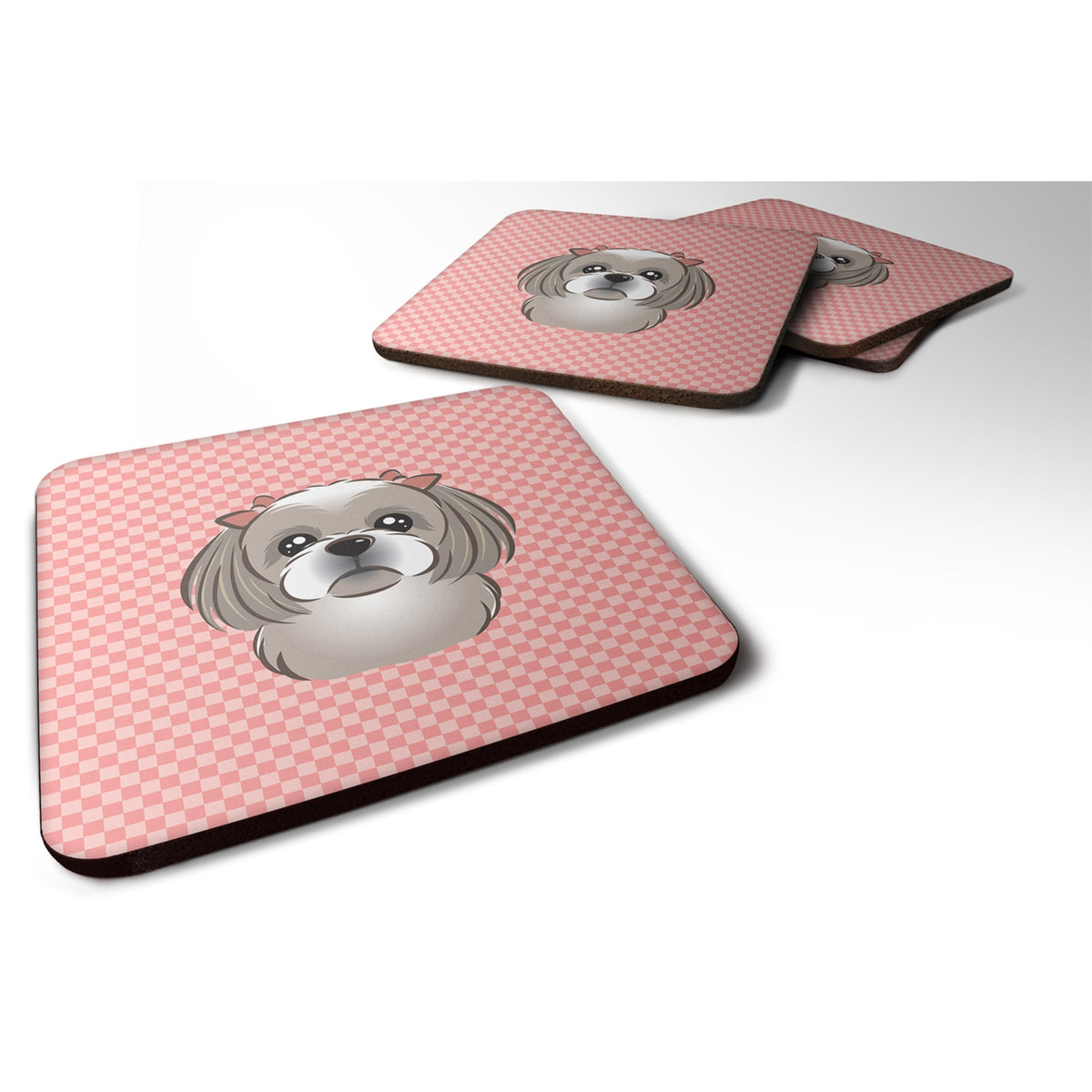 'Caroline'S Treasures Bb1250Fc Checkerboard Pink Gray Silver Shih Tzu Foam Coaster (Set Of 4), 3.5'''' H X 3.5'''' W, Multicolo