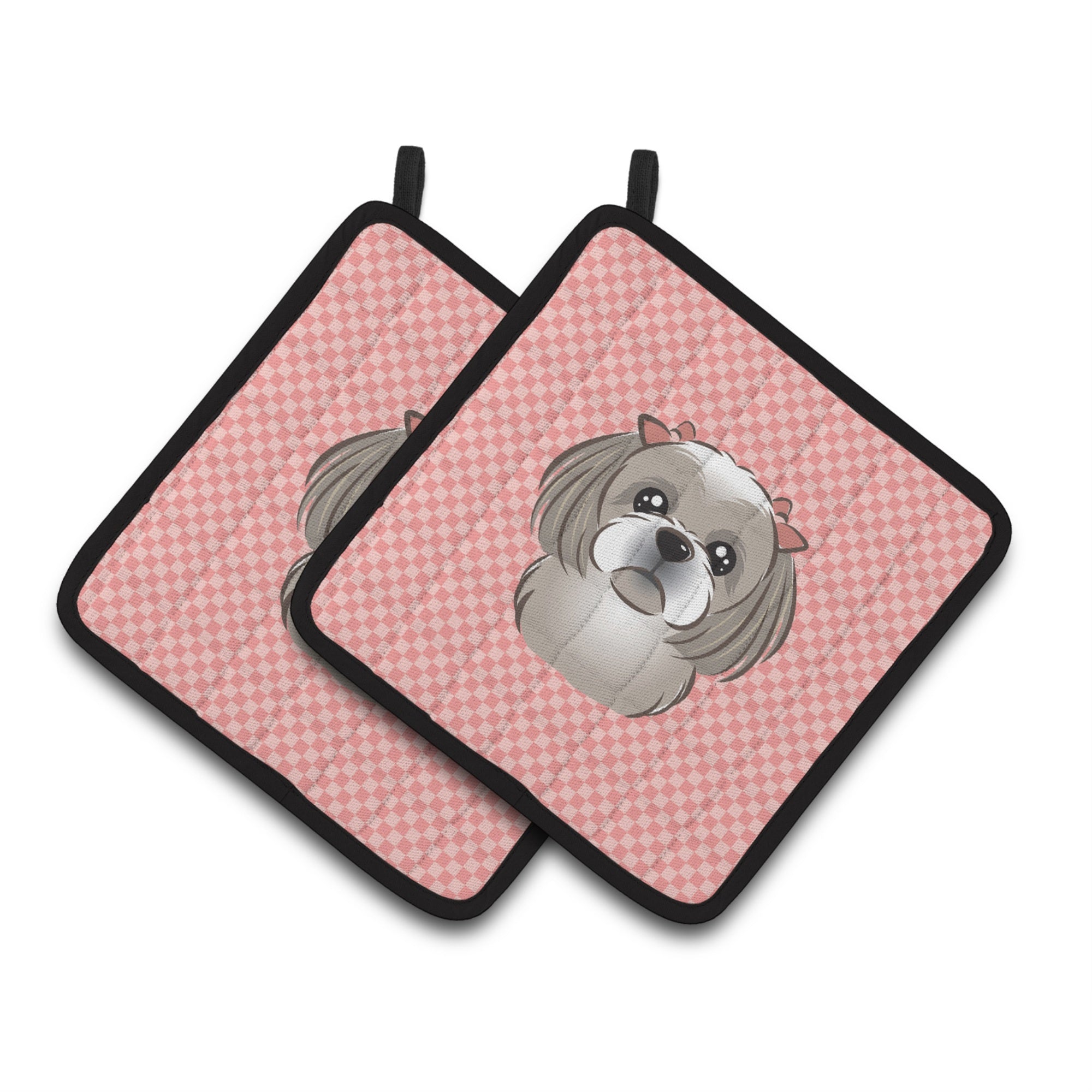 'Caroline'S Treasures Checkerboard Pink Gray Silver Shih Tzu Pair Of Pot Holders Bb1250Pthd, 7.5Hx7.5W, Multicolor''