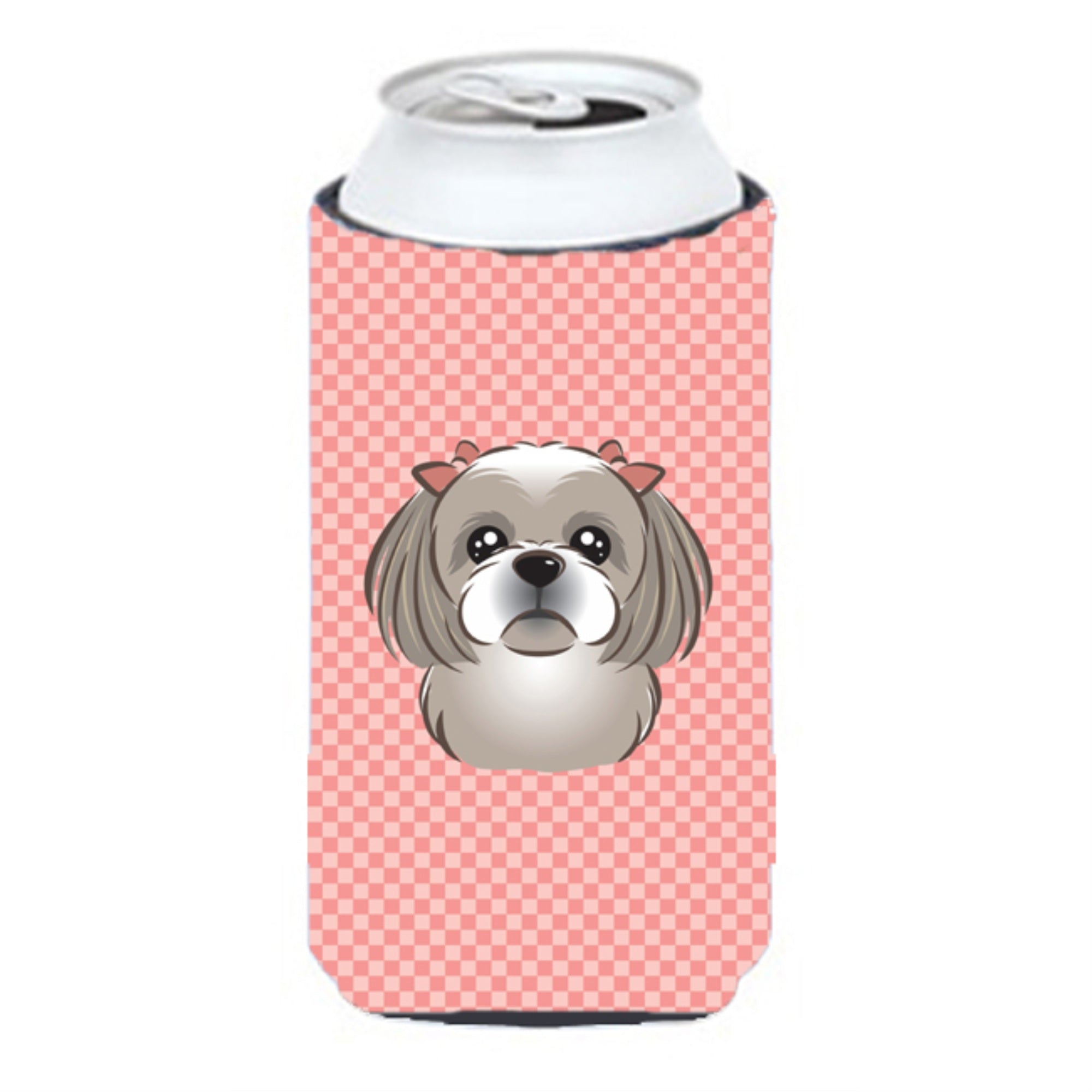Checkerboard Pink Gray Silver Shih Tzu Tall Boy Beverage Insulator Hugger Bb1250Tbc