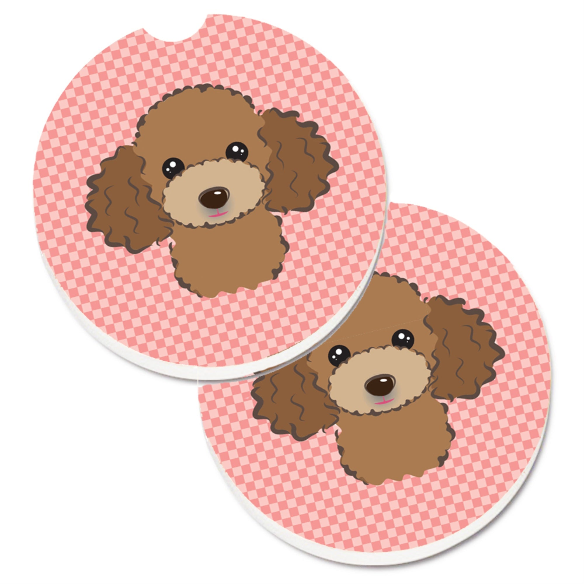 'Caroline'S Treasures Checkerboard Pink Chocolate Brown Poodle Set Of 2 Cup Holder Car Coasters Bb1256Carc, 2.56, Multicolor''