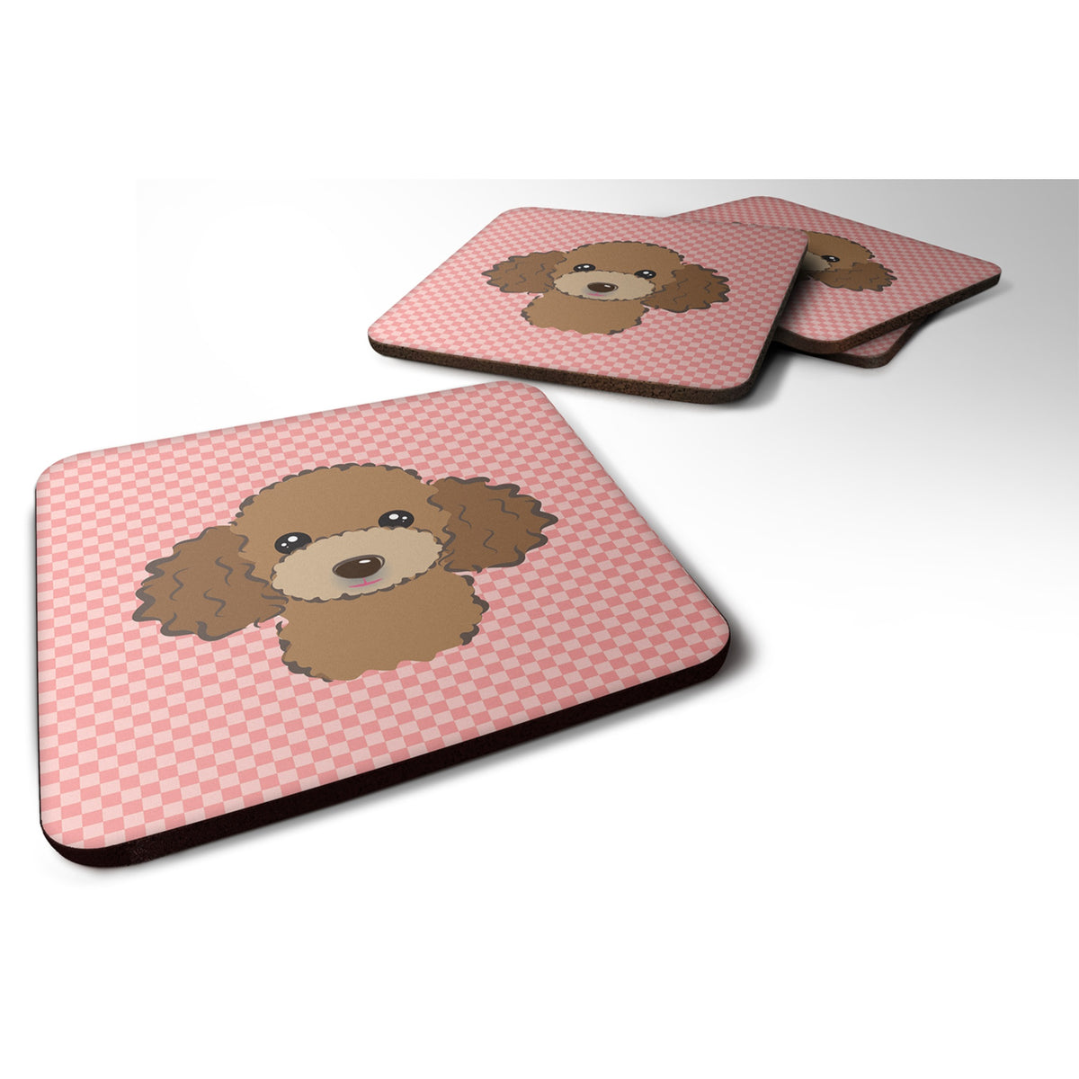 'Caroline'S Treasures Bb1256Fc Checkerboard Pink Chocolate Brown Poodle Foam Coaster (Set Of 4), 3.5'''' H X 3.5'''' W, Multico