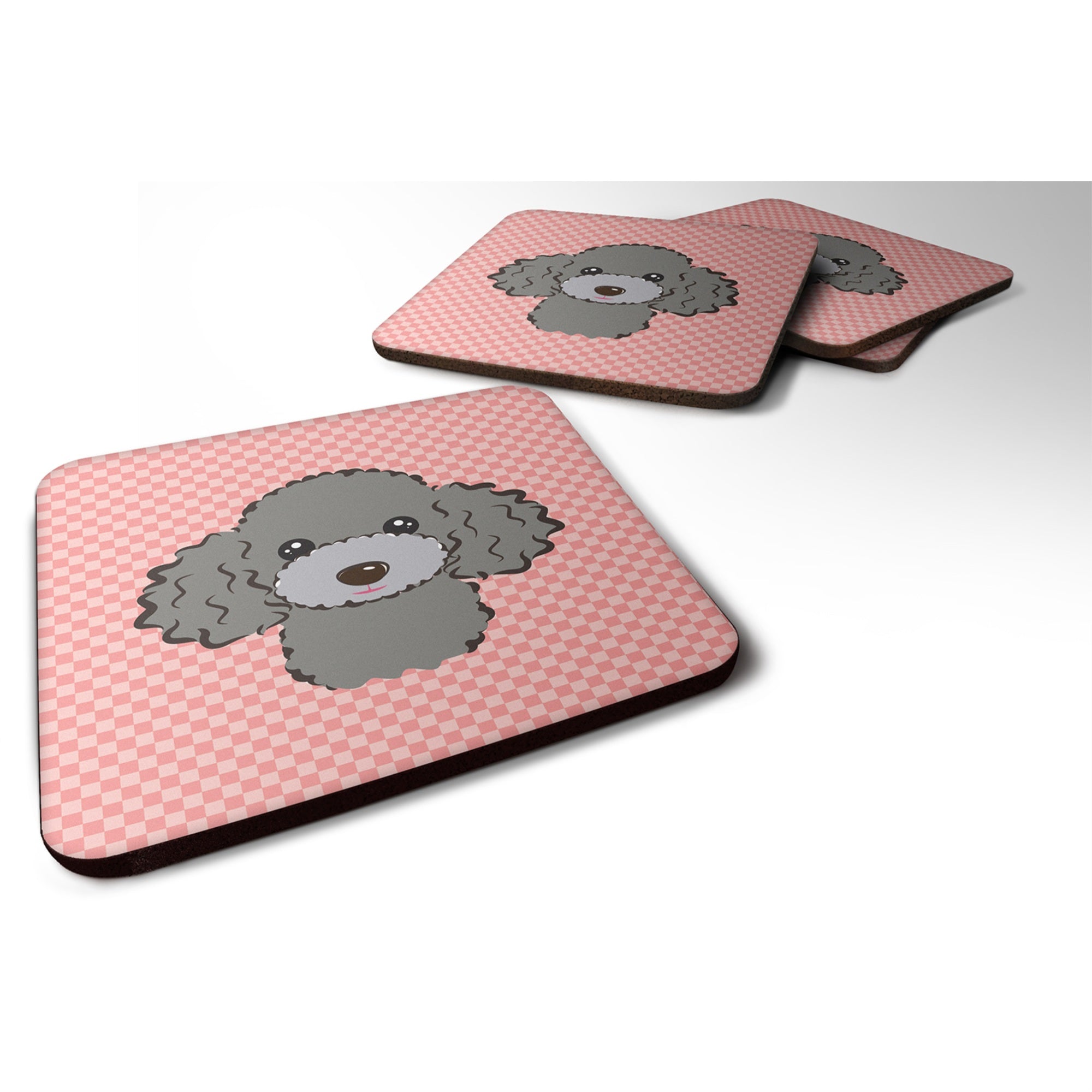 'Caroline'S Treasures Bb1259Fc Checkerboard Pink Silver Gray Poodle Foam Coaster (Set Of 4), 3.5'''' H X 3.5'''' W, Multicolor'