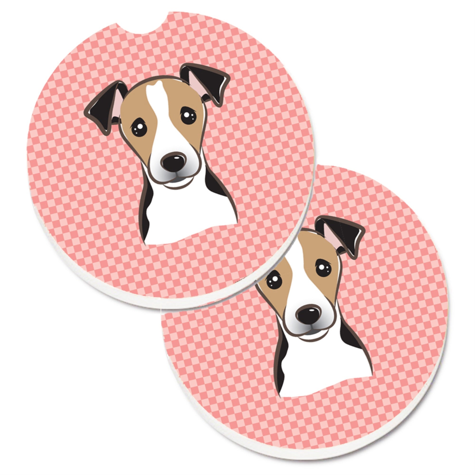 'Caroline'S Treasures Checkerboard Pink Jack Russell Terrier Set Of 2 Cup Holder Car Coasters Bb1261Carc, 2.56, Multicolor''