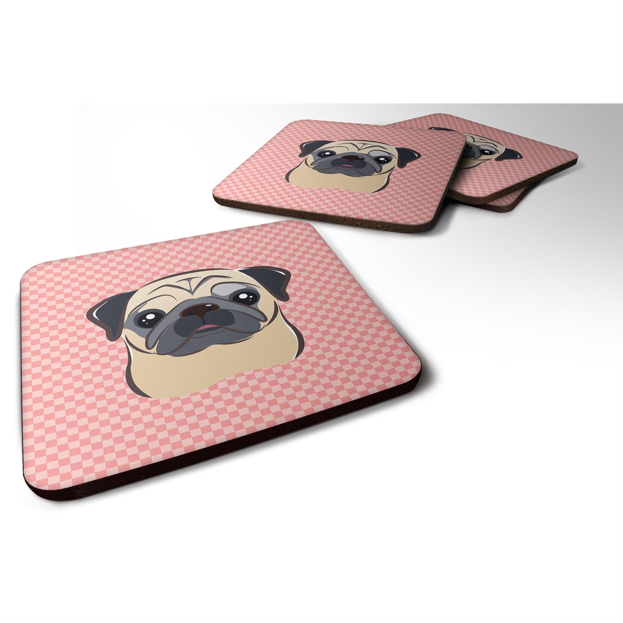 'Caroline'S Treasures Bb1262Fc Checkerboard Pink Fawn Pug Foam Coaster (Set Of 4), 3.5'''' H X 3.5'''' W, Multicolor''