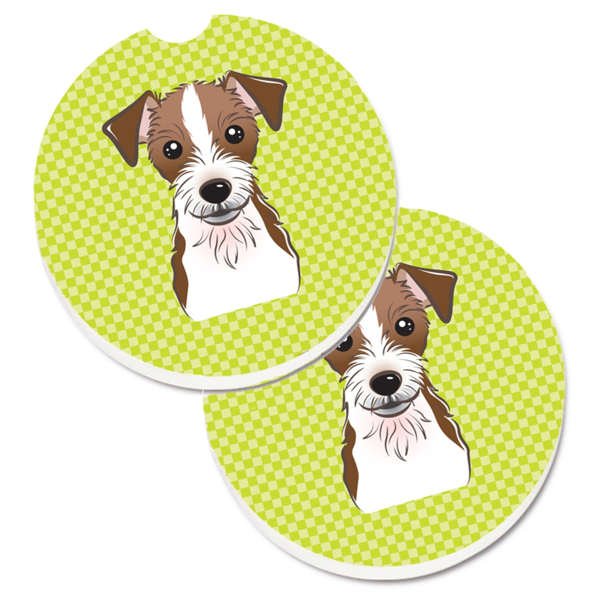 'Caroline'S Treasures Checkerboard Lime Green Jack Russell Terrier Set Of 2 Cup Holder Car Coasters Bb1264Carc, 2.56, Multicolo
