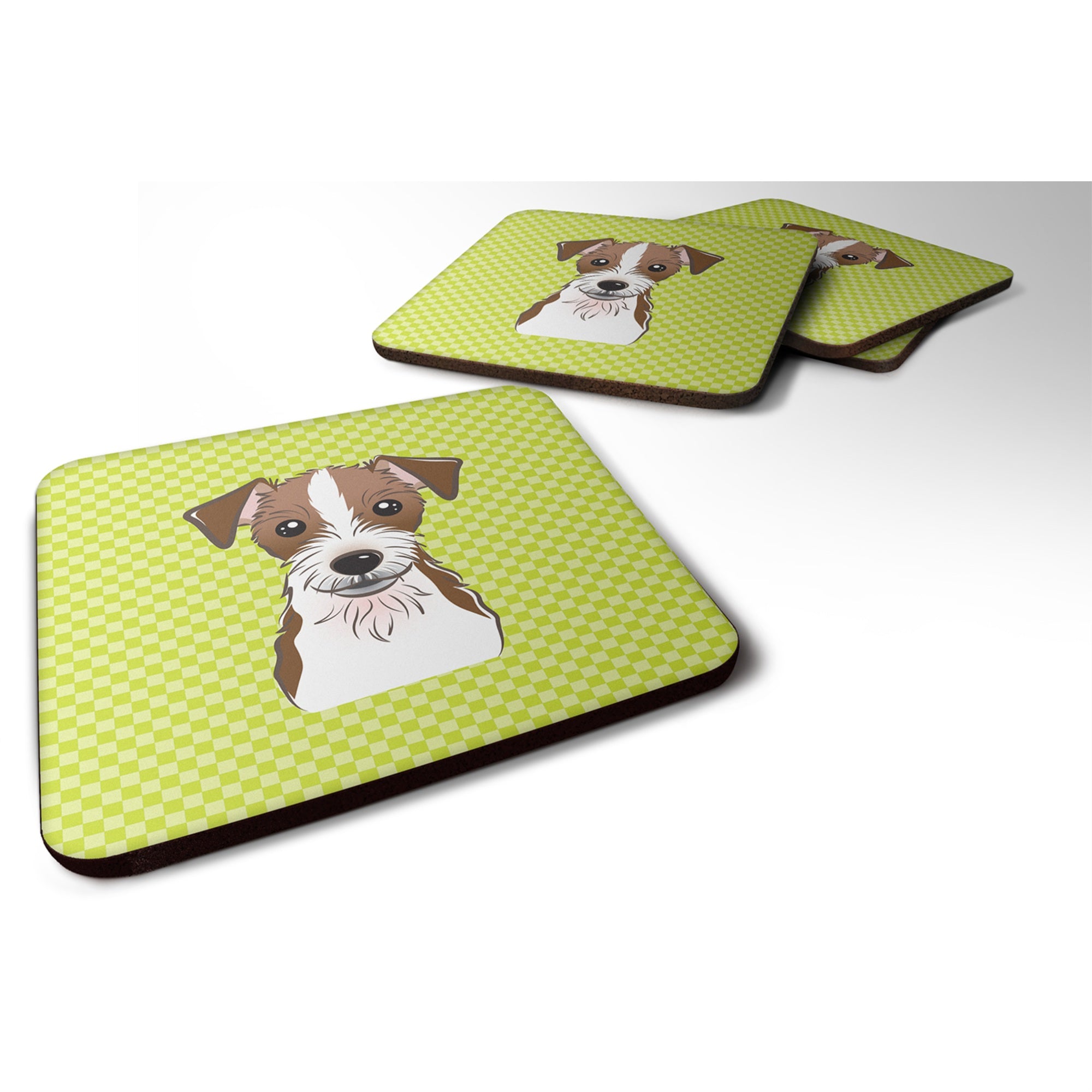 'Caroline'S Treasures Bb1264Fc Checkerboard Lime Green Jack Russell Terrier Foam Coaster (Set Of 4), 3.5'''' H X 3.5'''' W, Mul