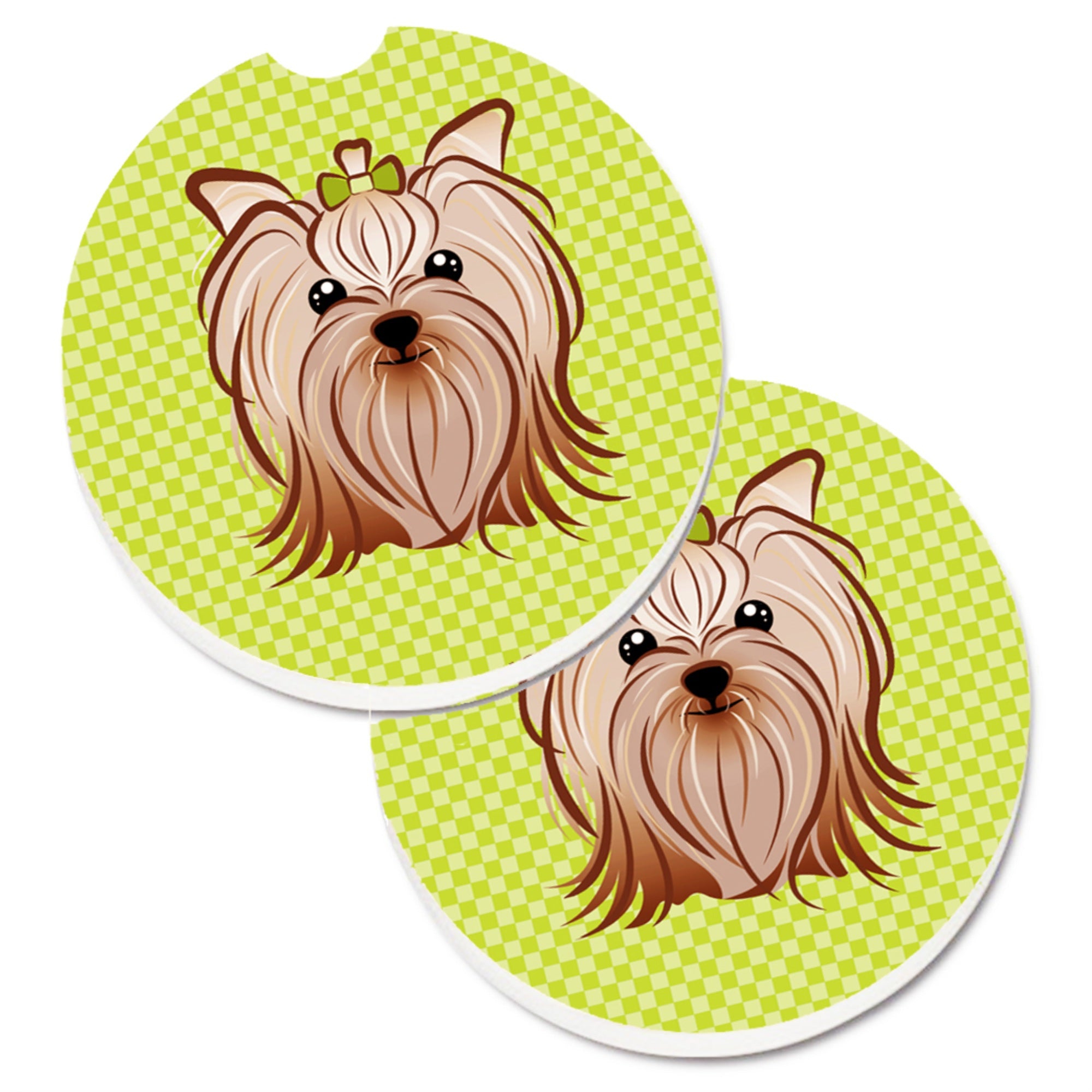 'Caroline'S Treasures Checkerboard Lime Green Yorkie Yorkishire Terrier Set Of 2 Cup Holder Car Coasters Bb1266Carc, 2.56, Mult