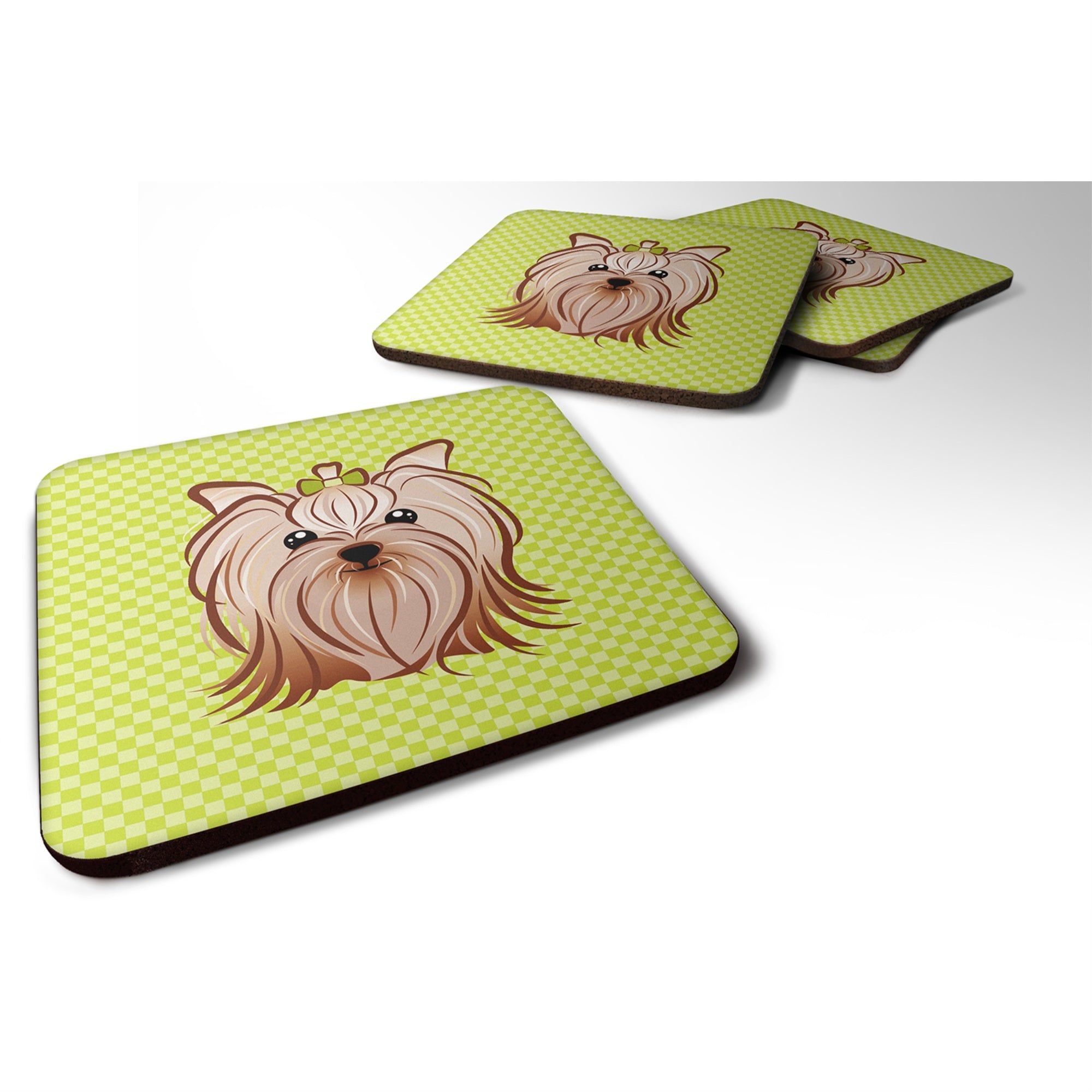 'Caroline'S Treasures Bb1266Fc Checkerboard Lime Green Yorkie Yorkishire Terrier Foam Coaster (Set Of 4), 3.5'''' H X 3.5'''' W