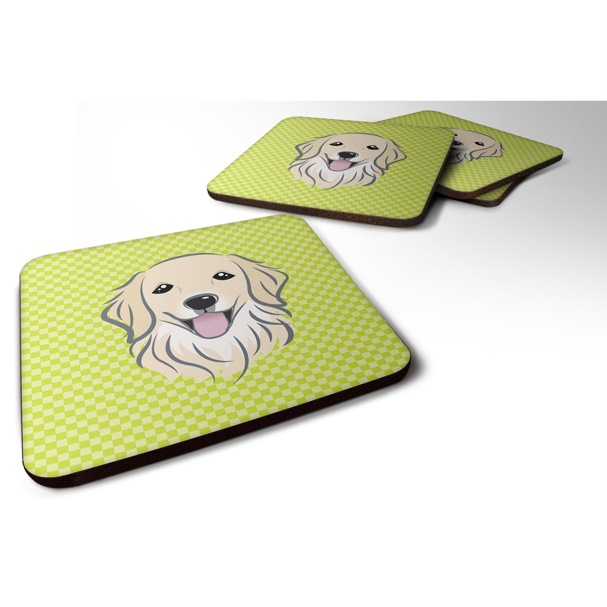 'Caroline'S Treasures Bb1267Fc Checkerboard Lime Green Golden Retriever Foam Coaster (Set Of 4), 3.5'''' H X 3.5'''' W, Multico