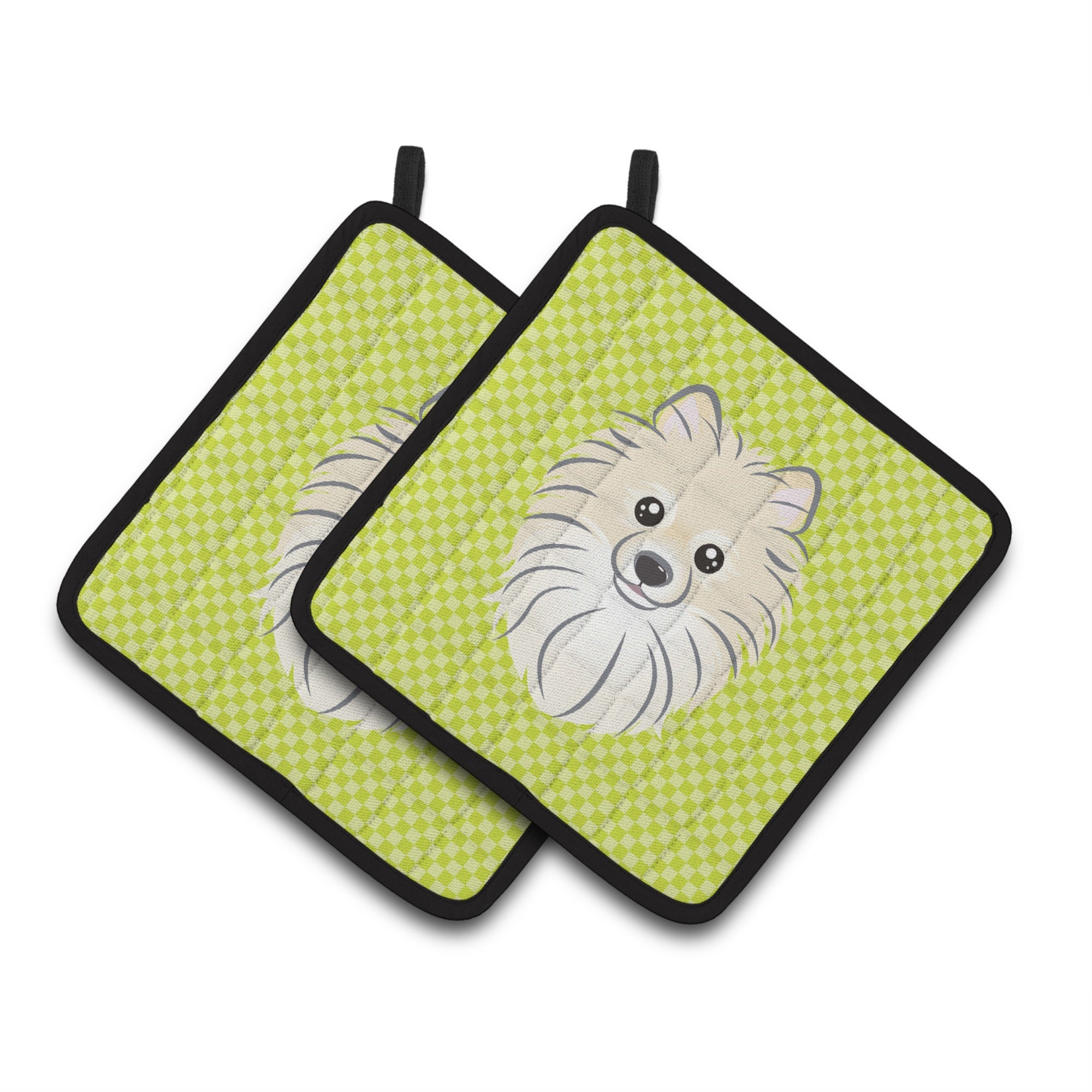 'Caroline'S Treasures Checkerboard Lime Green Pomeranian Pair Of Pot Holders Bb1269Pthd, 7.5Hx7.5W, Multicolor''