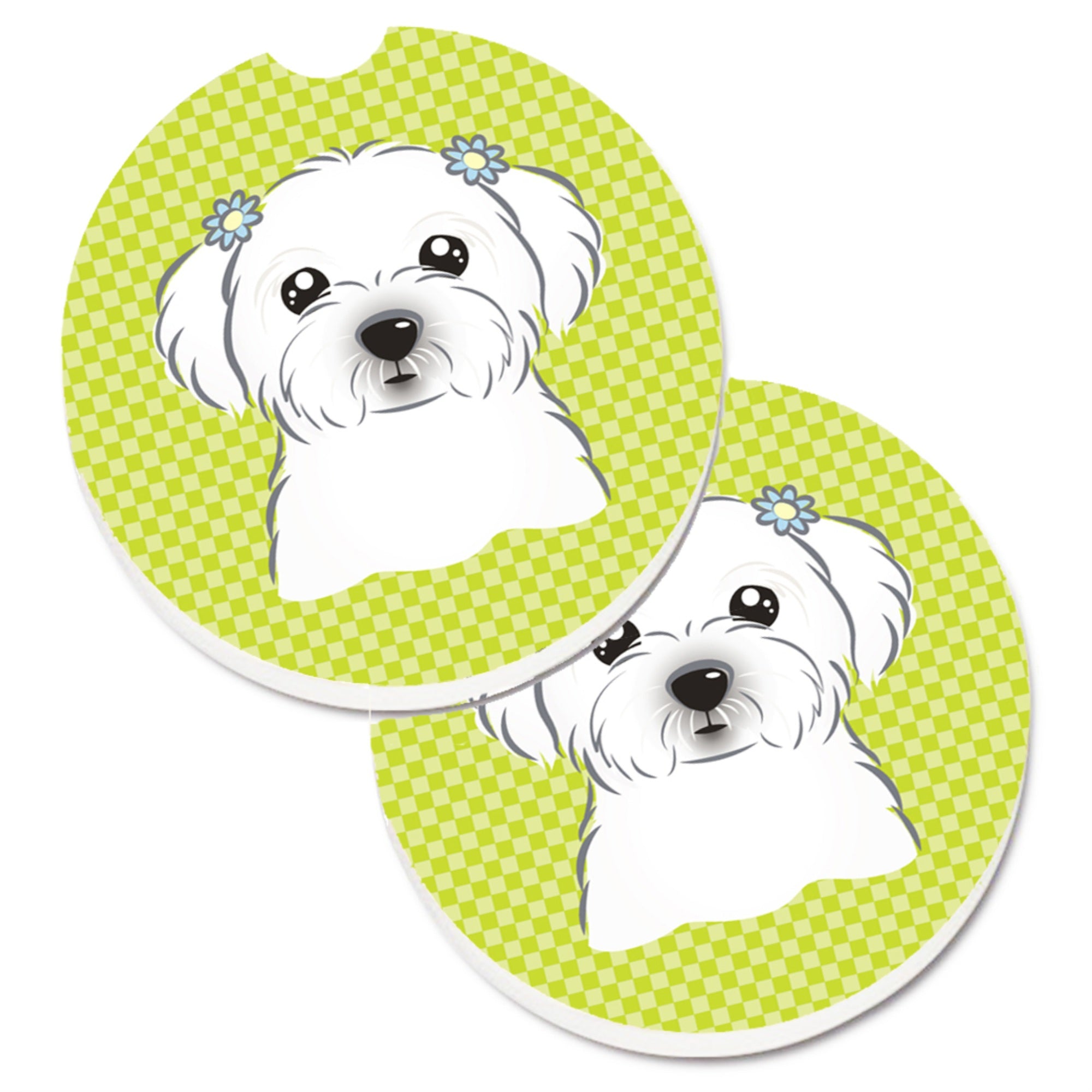 'Caroline'S Treasures Checkerboard Lime Green Maltese Set Of 2 Cup Holder Car Coasters Bb1270Carc, 2.56, Multicolor''