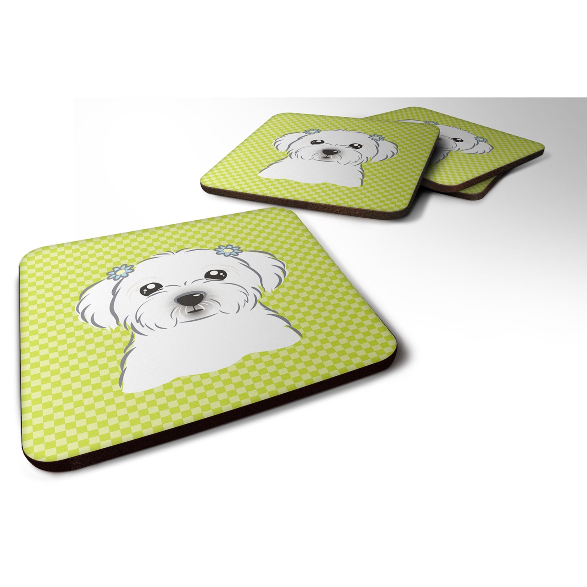 'Caroline'S Treasures Bb1270Fc Checkerboard Lime Green Maltese Foam Coaster (Set Of 4), 3.5'''' H X 3.5'''' W, Multicolor''