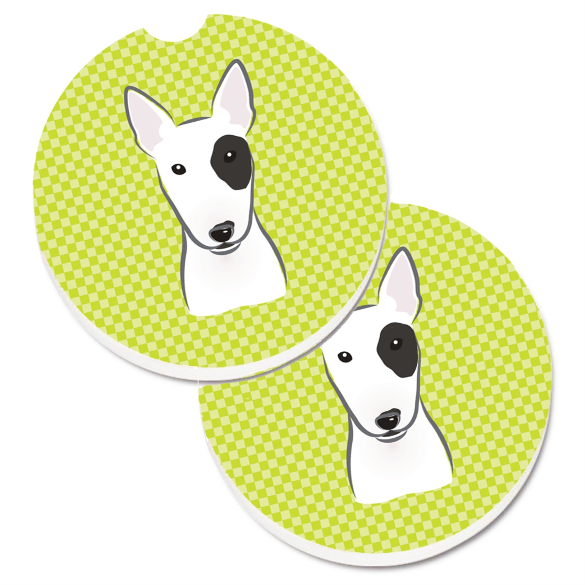 'Caroline'S Treasures Checkerboard Lime Green Bull Terrier Set Of 2 Cup Holder Car Coasters Bb1271Carc, 2.56, Multicolor''