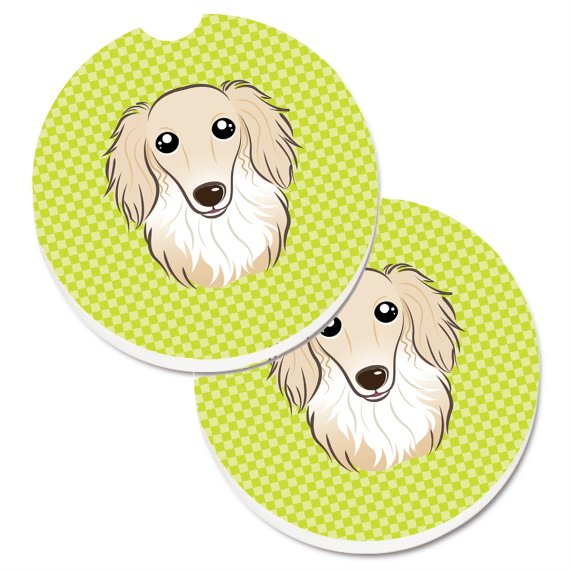 'Caroline'S Treasures Checkerboard Lime Green Longhair Creme Dachshund Set Of 2 Cup Holder Car Coasters Bb1274Carc, 2.56, Multi