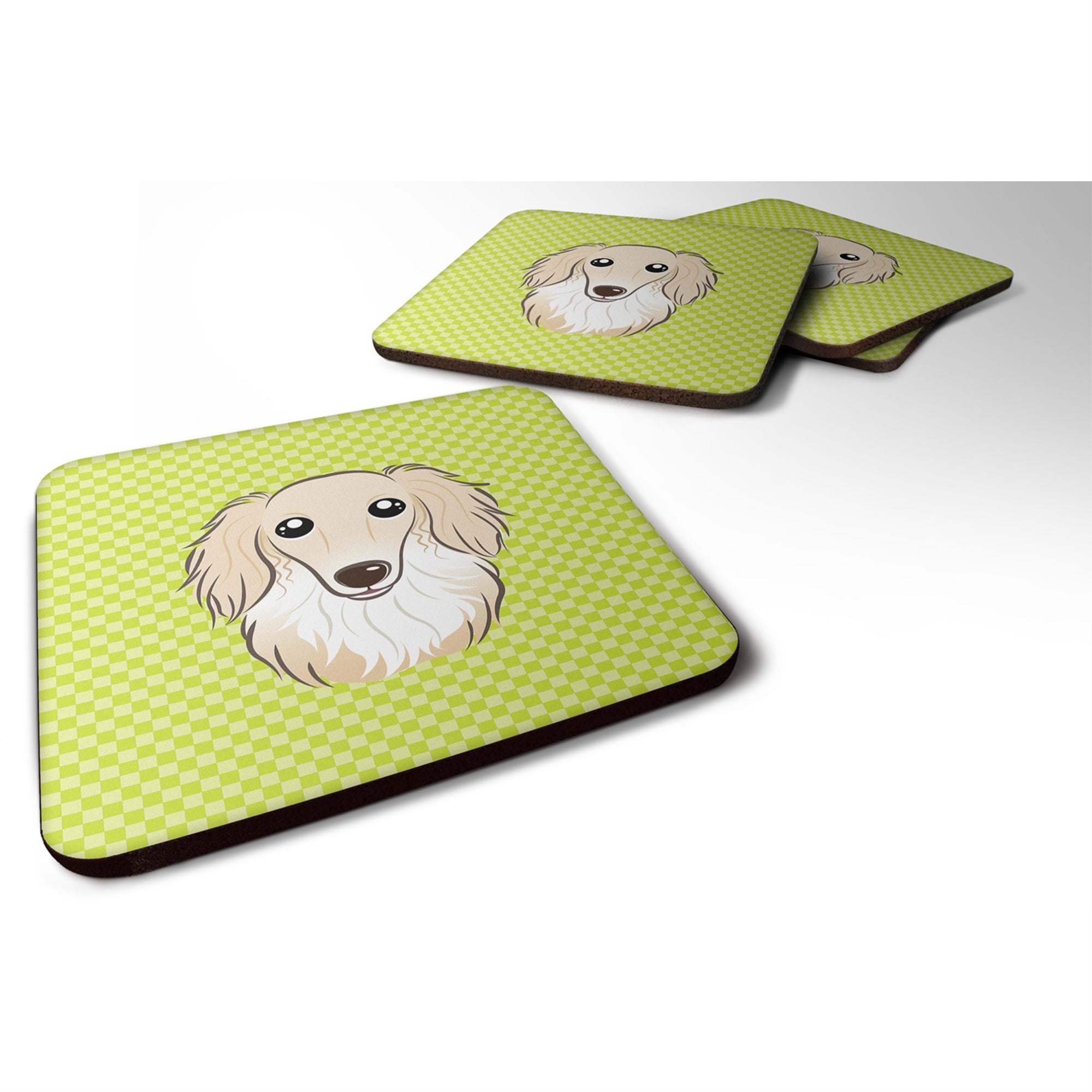 'Caroline'S Treasures Bb1274Fc Checkerboard Lime Green Longhair Creme Dachshund Foam Coaster (Set Of 4), 3.5'''' H X 3.5'''' W,