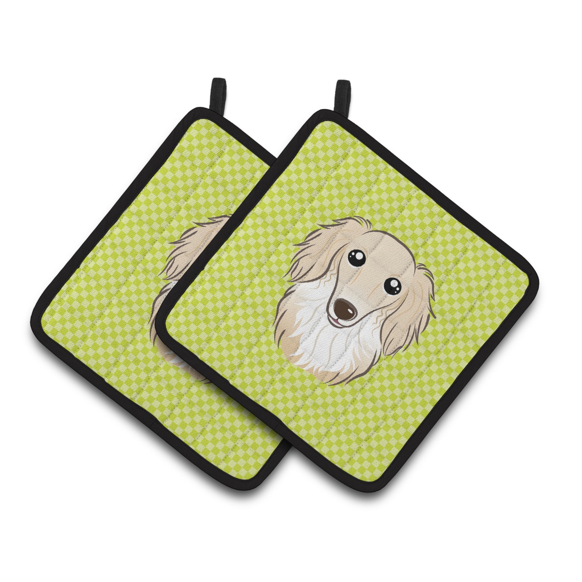 'Caroline'S Treasures Checkerboard Lime Green Longhair Creme Dachshund Pair Of Pot Holders Bb1274Pthd, 7.5Hx7.5W, Multicolor''