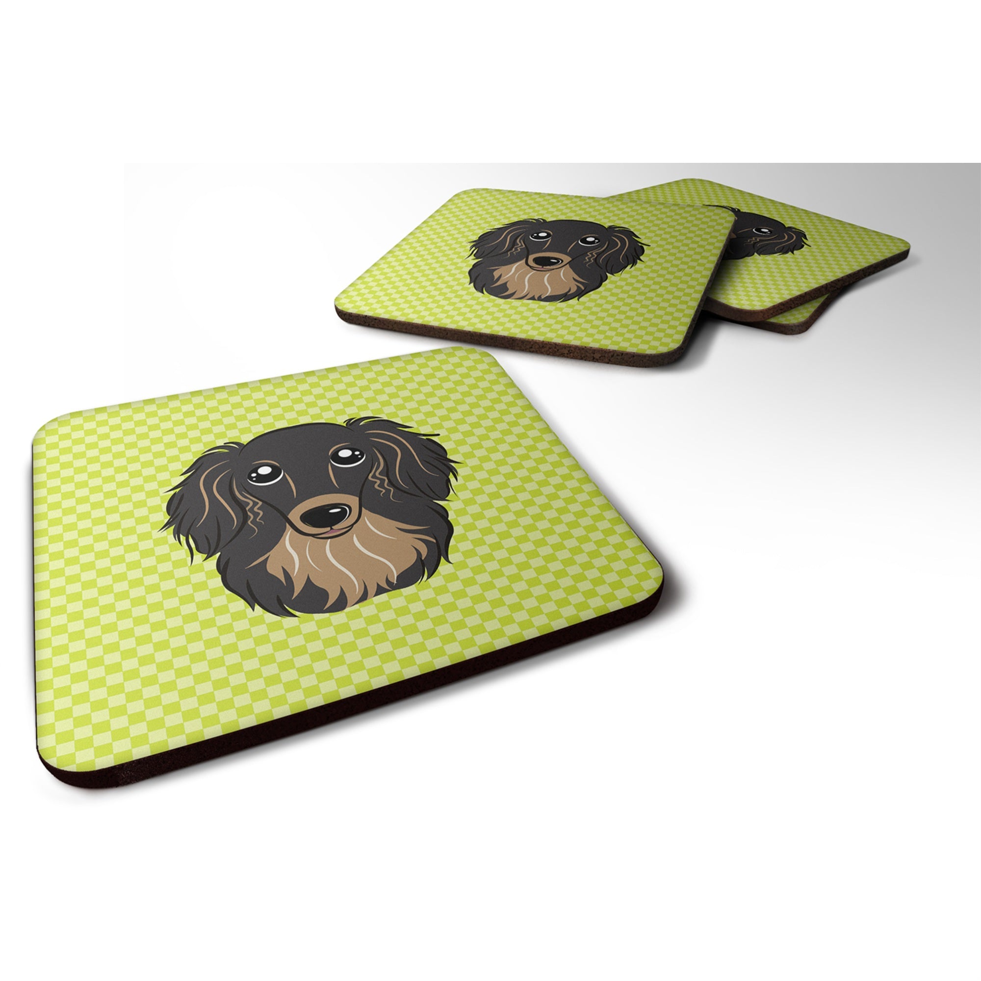 'Caroline'S Treasures Bb1275Fc Checkerboard Lime Green Longhair Black And Tan Dachshund Foam Coaster (Set Of 4), 3.5'''' H X 3.