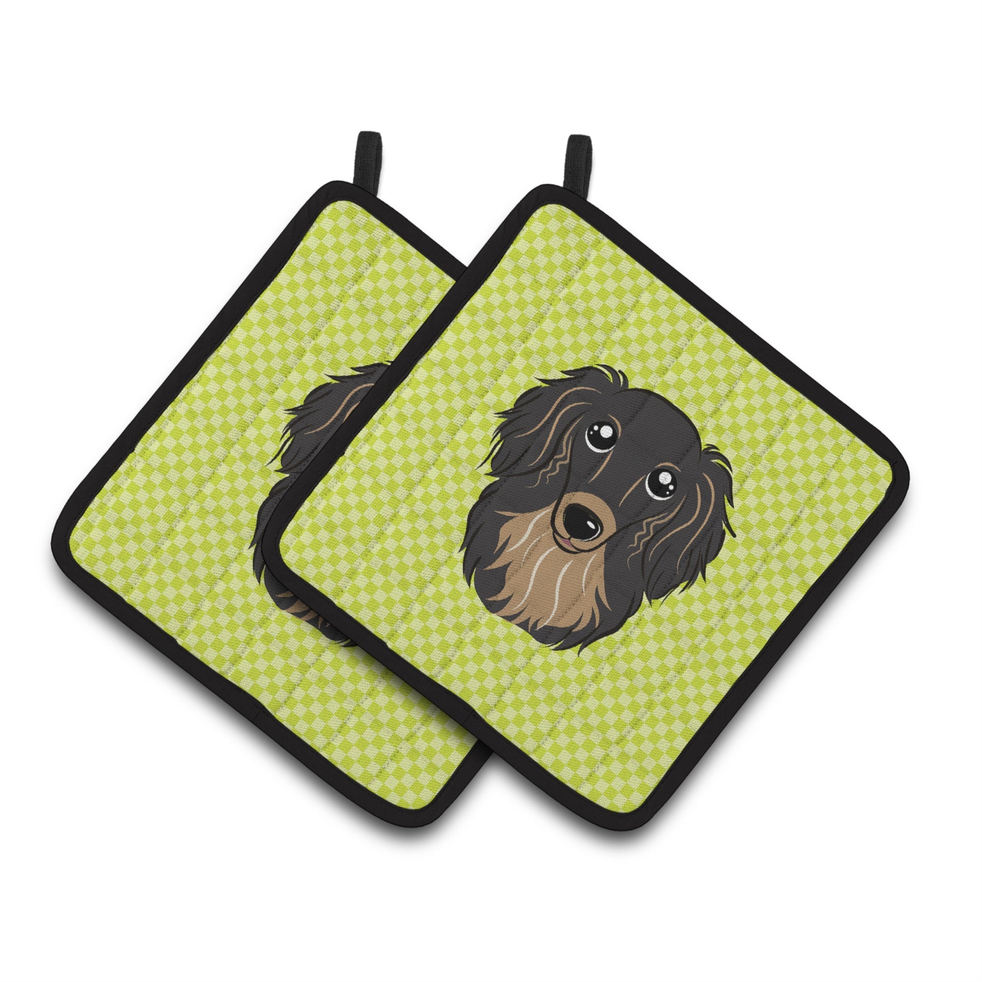 'Caroline'S Treasures Checkerboard Lime Green Longhair Black & Tan Dachshund Pair Of Pot Holders Bb1275Pthd, 7.5Hx7.5W, Multico