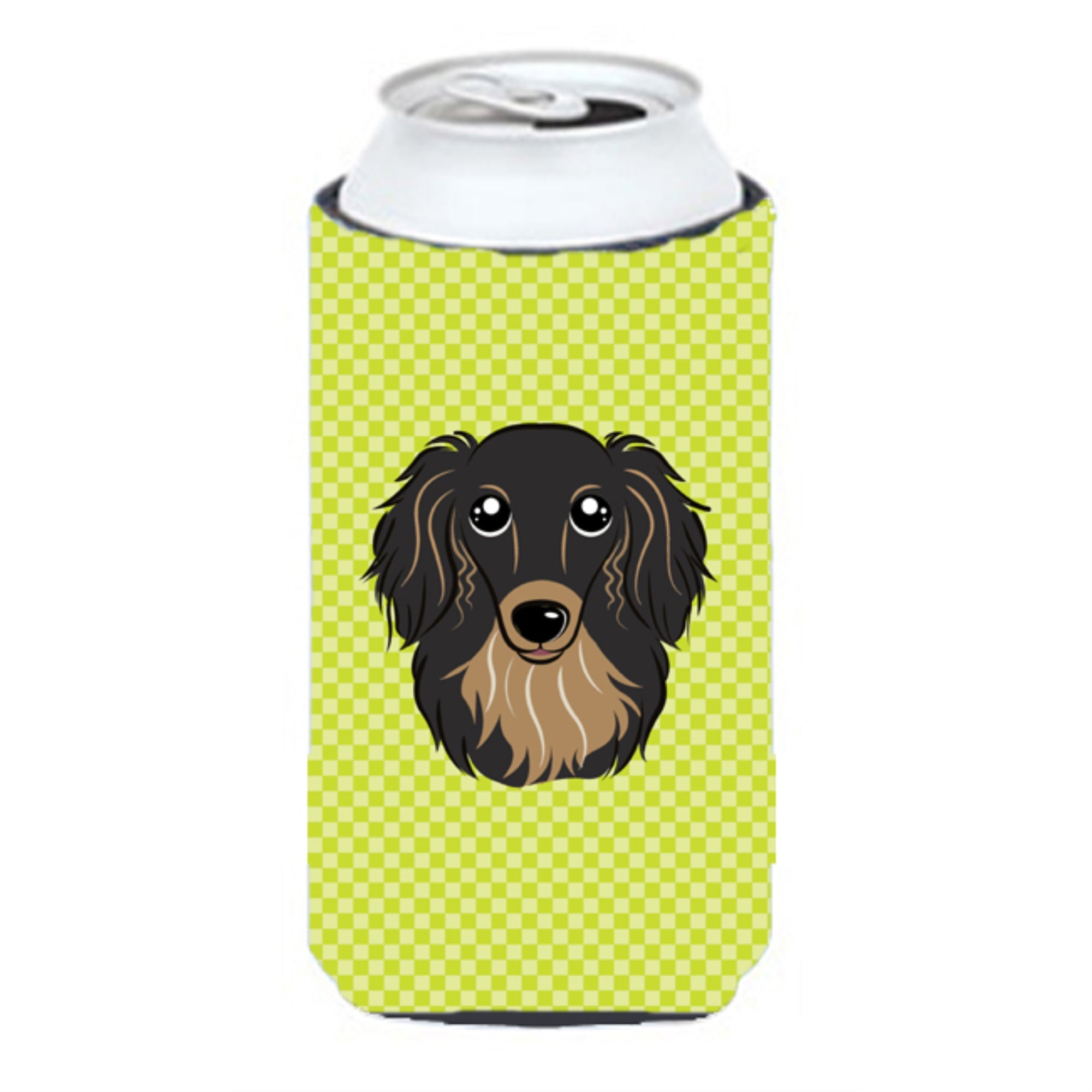Checkerboard Lime Green Longhair Black And Tan Dachshund Tall Boy Beverage Insulator Hugger