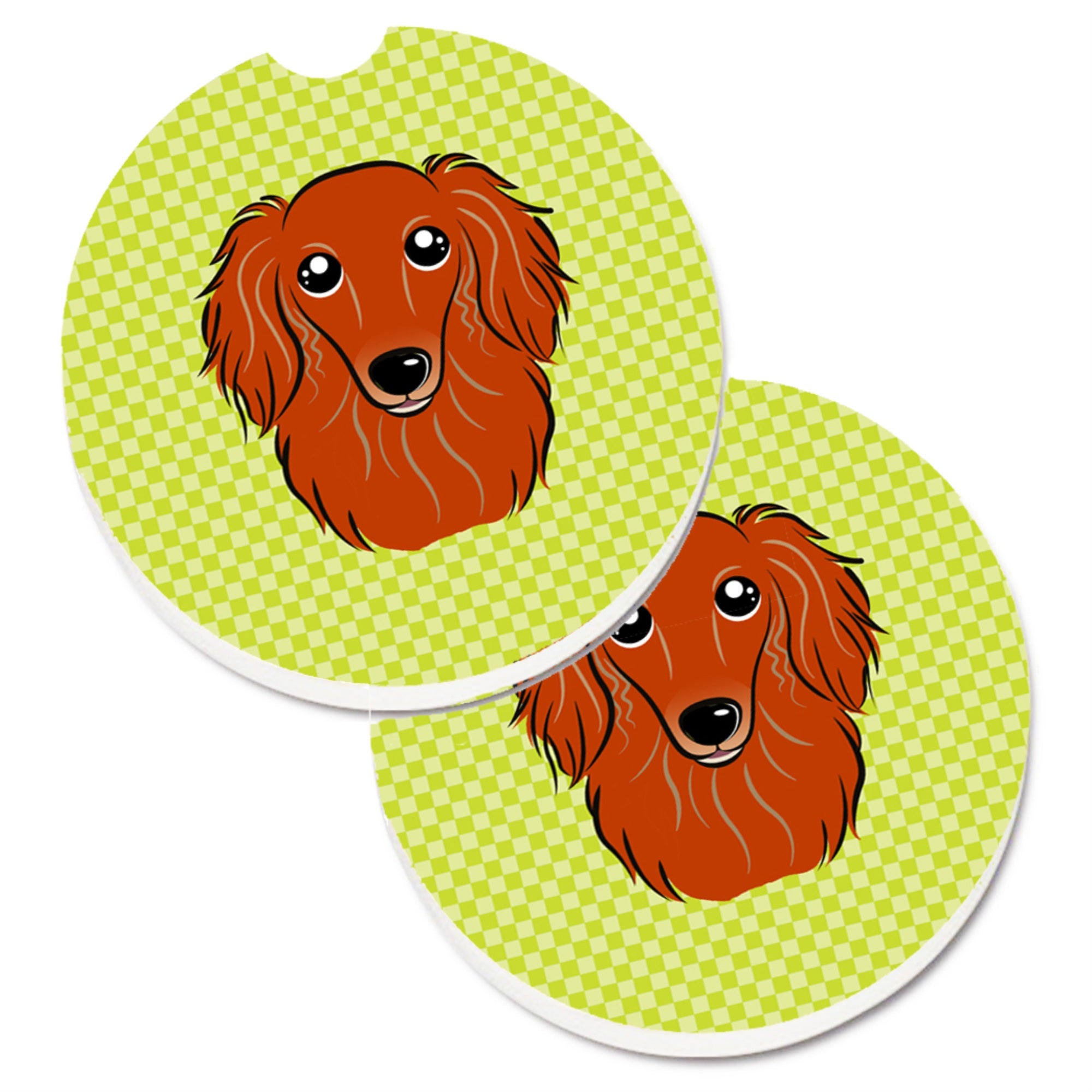 'Caroline'S Treasures Checkerboard Lime Green Longhair Red Dachshund Set Of 2 Cup Holder Car Coasters Bb1276Carc, 2.56, Multico