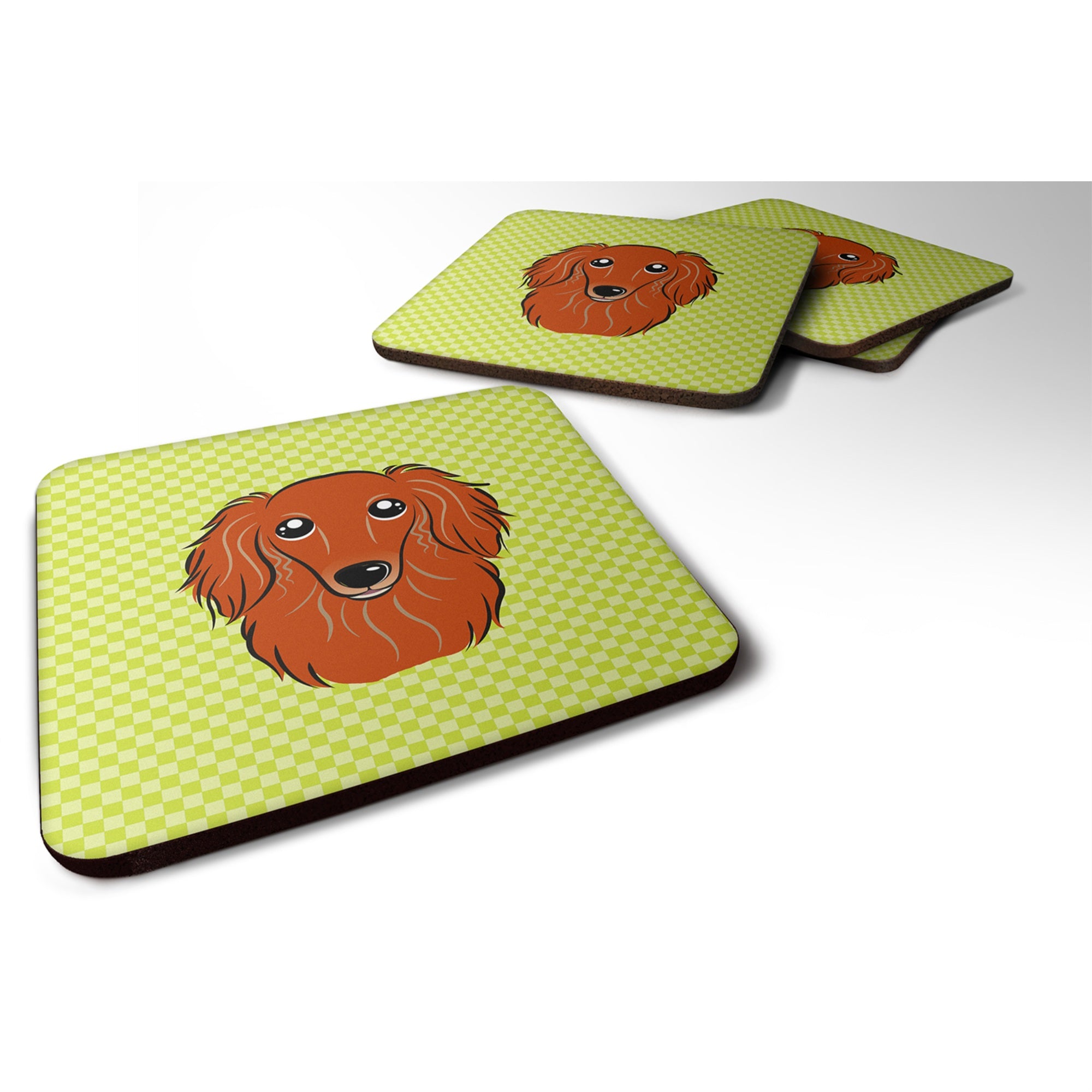 'Caroline'S Treasures Bb1276Fc Checkerboard Lime Green Longhair Red Dachshund Foam Coaster (Set Of 4), 3.5'''' H X 3.5'''' W, M