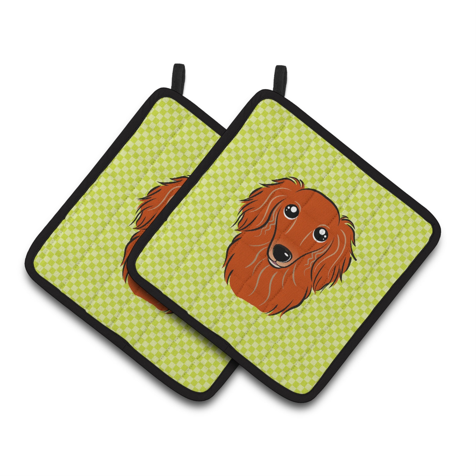 'Caroline'S Treasures Checkerboard Lime Green Longhair Red Dachshund Pair Of Pot Holders Bb1276Pthd, 7.5Hx7.5W, Multicolor''