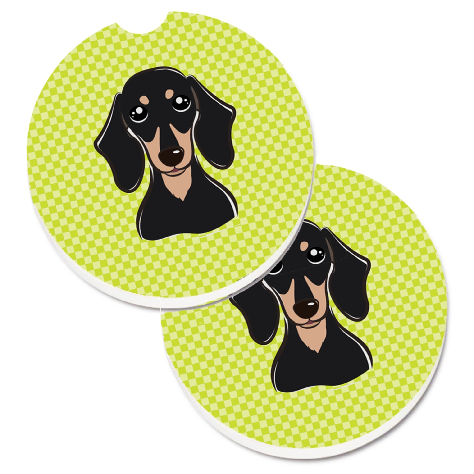 'Caroline'S Treasures Checkerboard Lime Green Smooth Black & Tan Dachshund Set Of 2 Cup Holder Car Coasters Bb1277Carc, 2.56, M