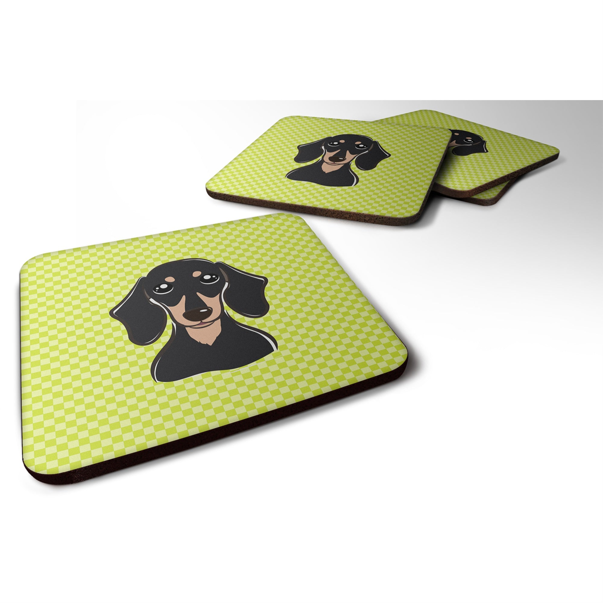 'Caroline'S Treasures Bb1277Fc Checkerboard Lime Green Smooth Black And Tan Dachshund Foam Coaster (Set Of 4), 3.5'''' H X 3.5'