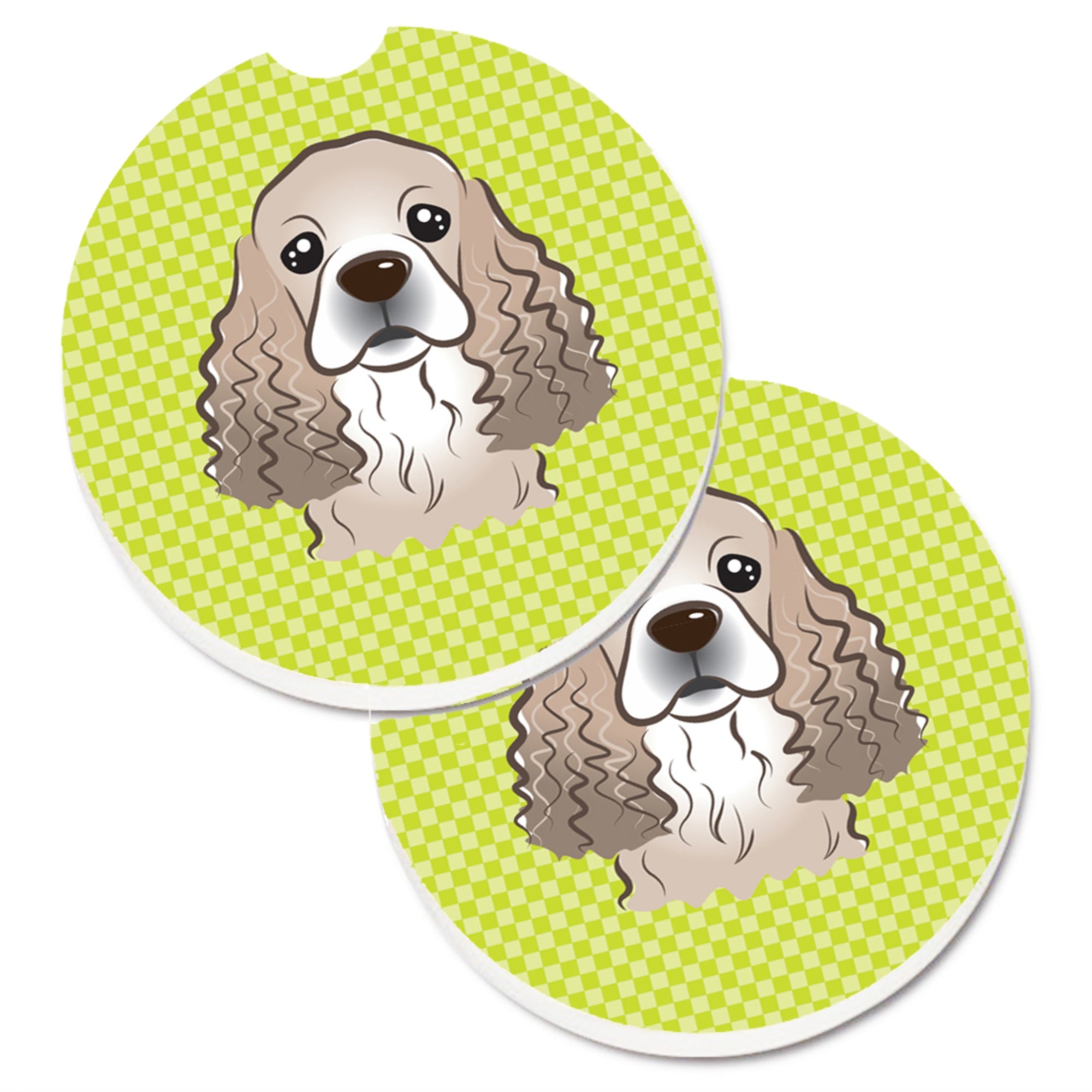 'Caroline'S Treasures Checkerboard Lime Green Cocker Spaniel Set Of 2 Cup Holder Car Coasters Bb1278Carc, 2.56, Multicolor''