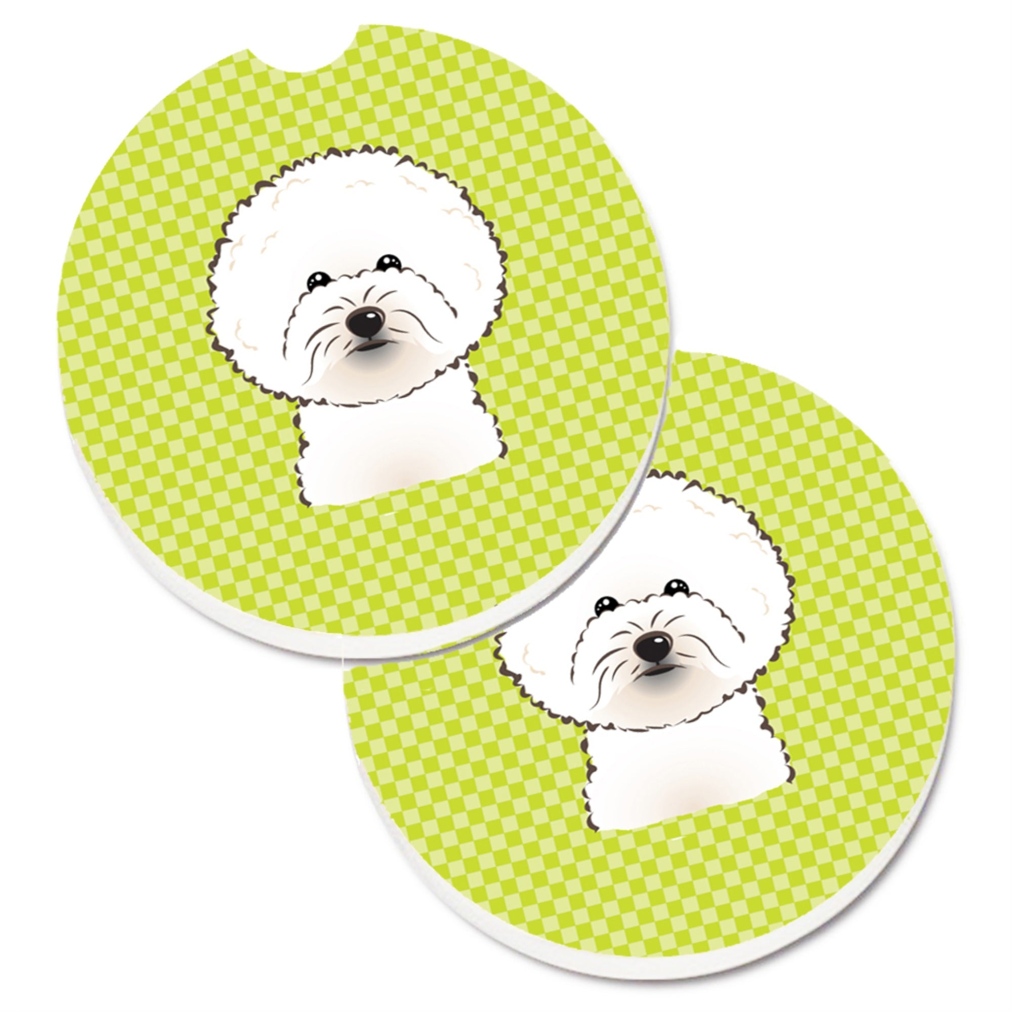 'Caroline'S Treasures Checkerboard Lime Green Bichon Frise Set Of 2 Cup Holder Car Coasters Bb1279Carc, 2.56, Multicolor''