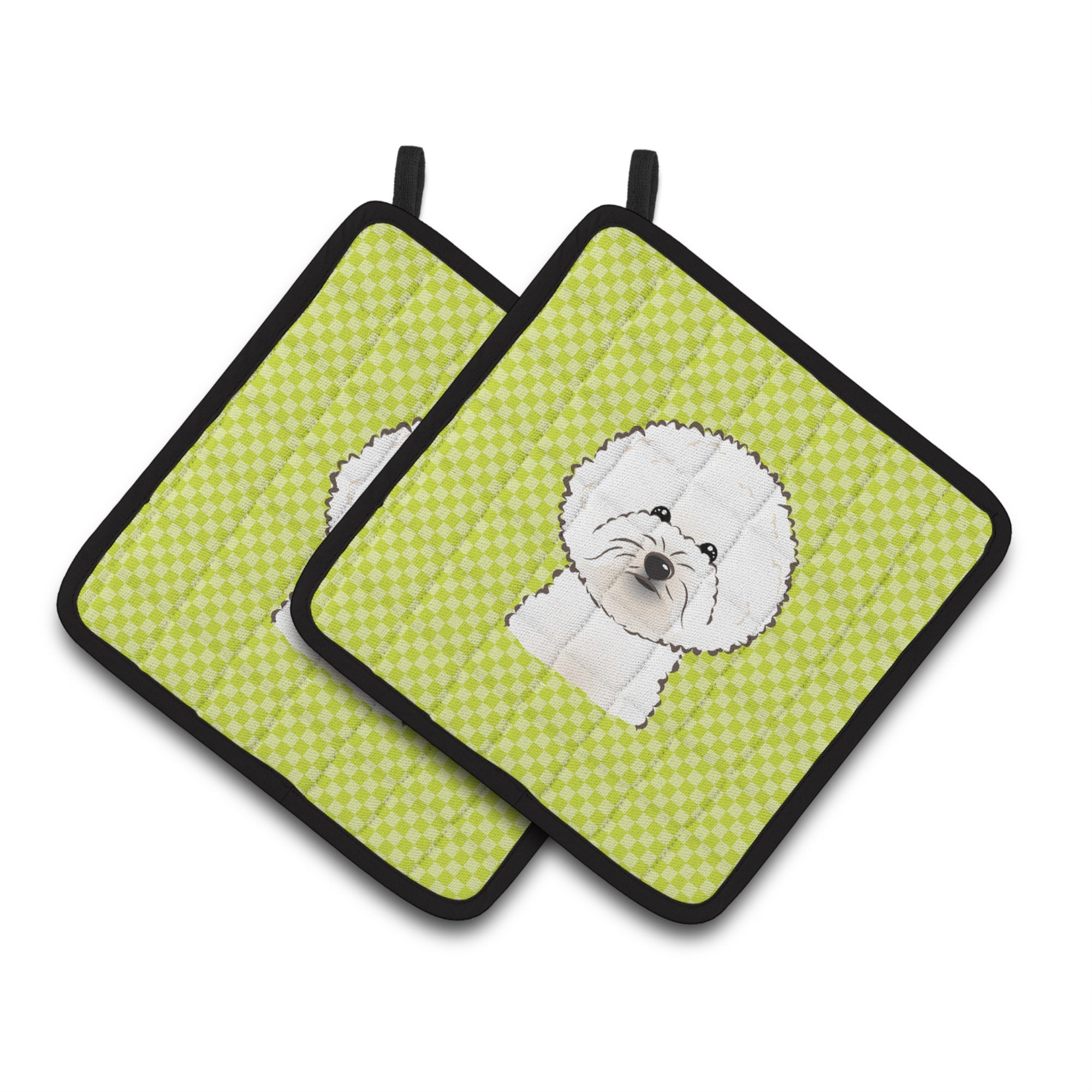 'Caroline'S Treasures Checkerboard Lime Green Bichon Frise Pair Of Pot Holders Bb1279Pthd, 7.5Hx7.5W, Multicolor''