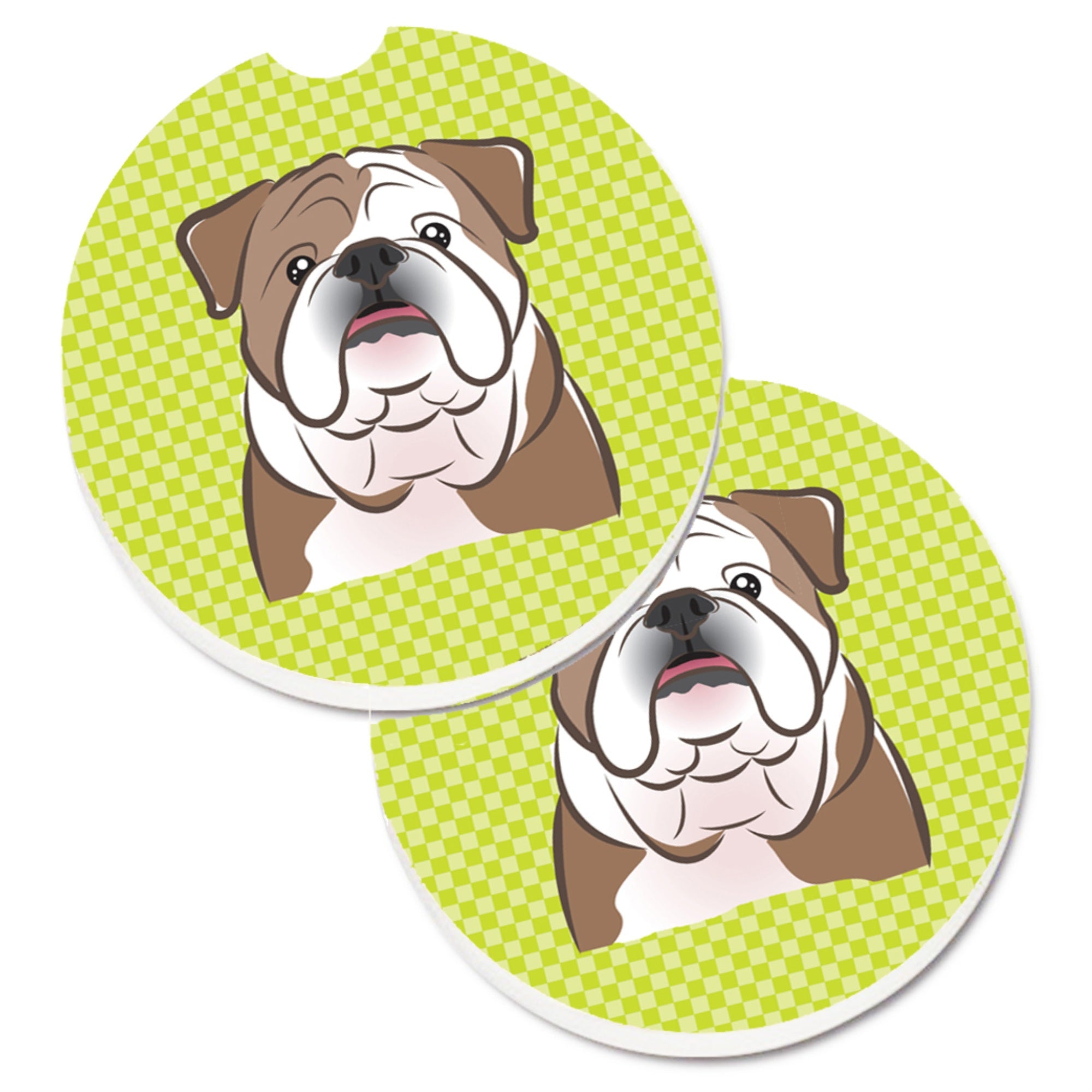 'Caroline'S Treasures Checkerboard Lime Green English Bulldog Set Of 2 Cup Holder Car Coasters Bb1281Carc, 2.56, Multicolor''